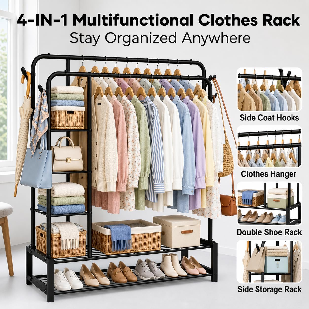Heavy Duty Clothes Rail for Bedroom, Double Hanging Rail Metal Clothing Rail with 3 Side Shelves and 4 Coat Hooks, Freestanding Clothes Rack for Bedroom, Living Room 120kg (Black)