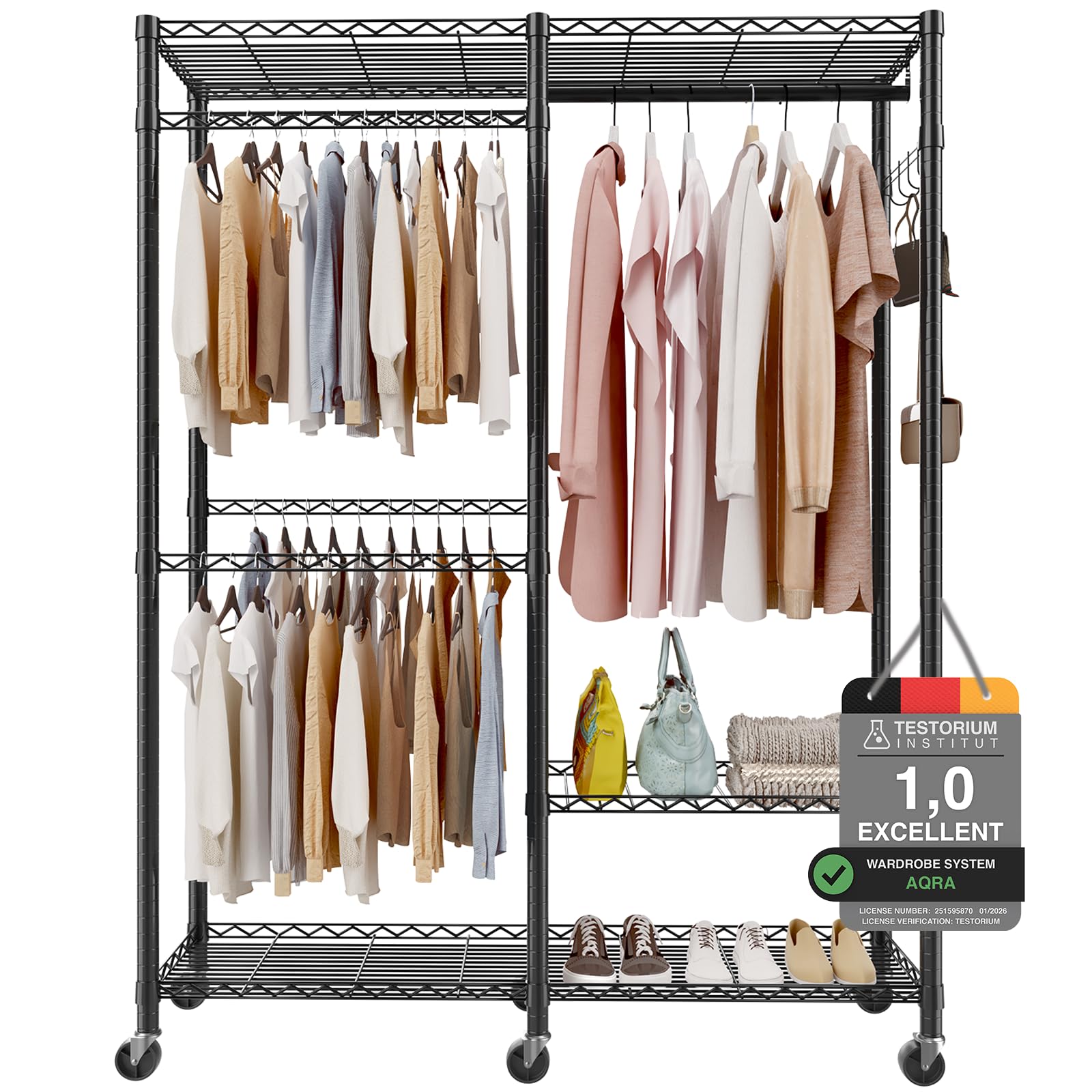 Black 2-Tier Heavy Duty Clothes Rack, 200cm with Adjustable Shelves, Double Rods & Side Hooks, 440lbs Load Capacity