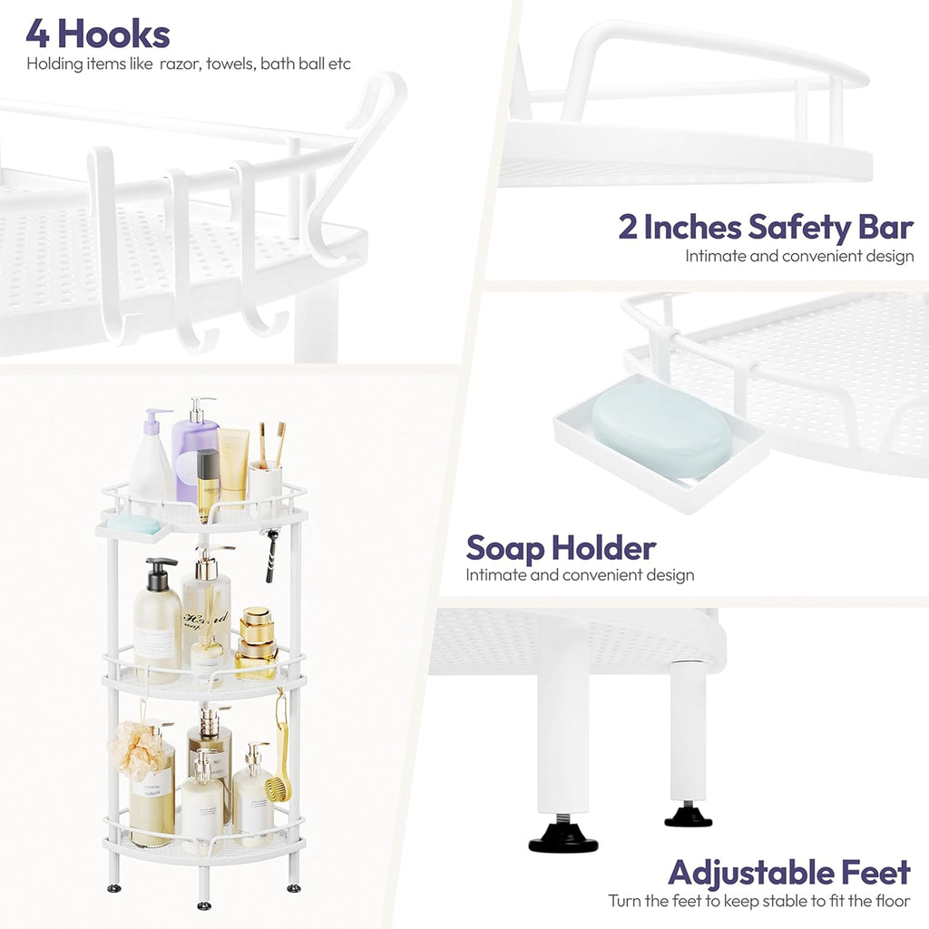 SWTYMIKI Corner Shower Caddy - 3 Tier Shower Corner Shelf Organizer with 4 Hooks, Rust-Free Freestanding Caddy with Soap Holder, Storage Rack for Bathroom, White