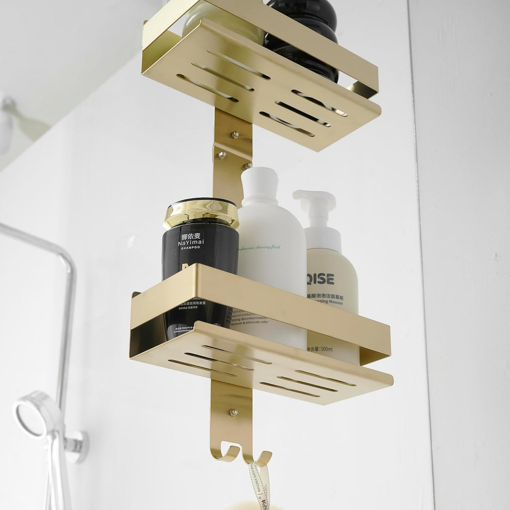 Beelee Gold Shower Caddy Hanging: Over Door Shower Organizer Bathroom Storage with 2-Tier Rack and Hooks, Holds Body Wash, Shampoo, Soap, Razor, Towel