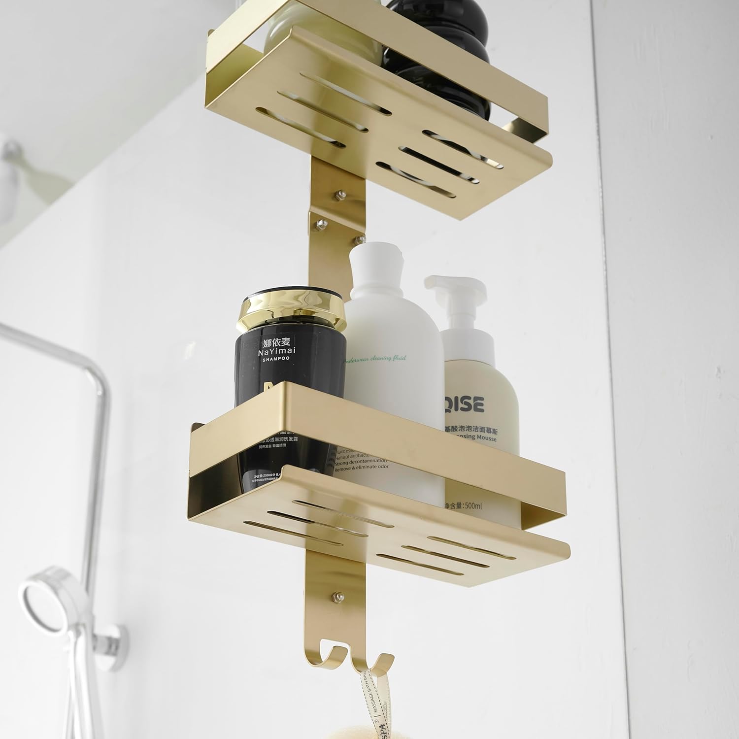 Beelee Gold Shower Caddy Hanging: Over Door Shower Organizer Bathroom Storage with 2-Tier Rack and Hooks, Holds Body Wash, Shampoo, Soap, Razor, Towel