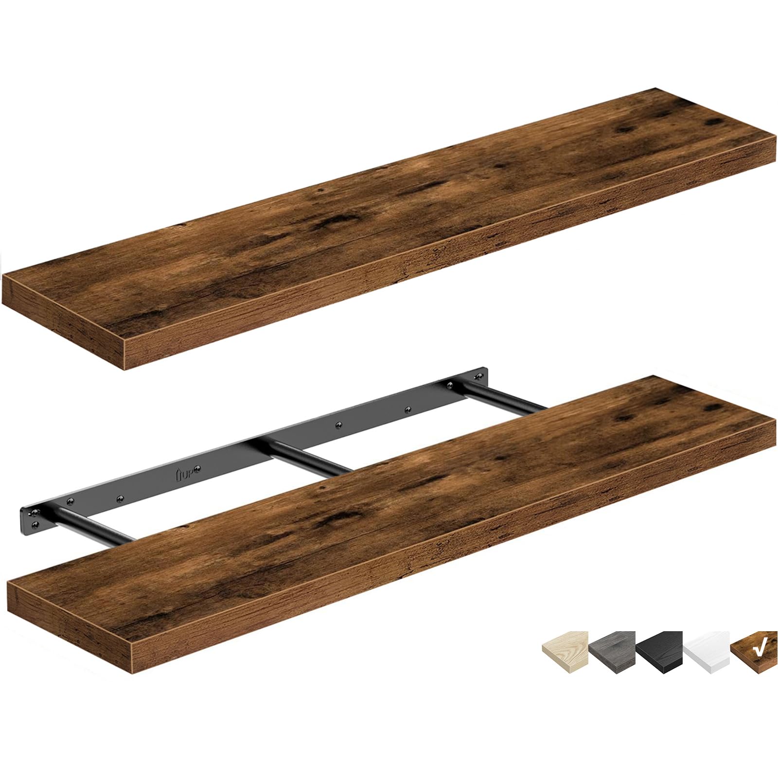 QEEIG Floating Shelves for Wall 23.6" Long - Wall Mounted Shelf Bathroom Kitchen Living Room Bedroom Farmhouse Home Decor Display Bookshelf Set of 2, Rustic Brown (008-60BN)
