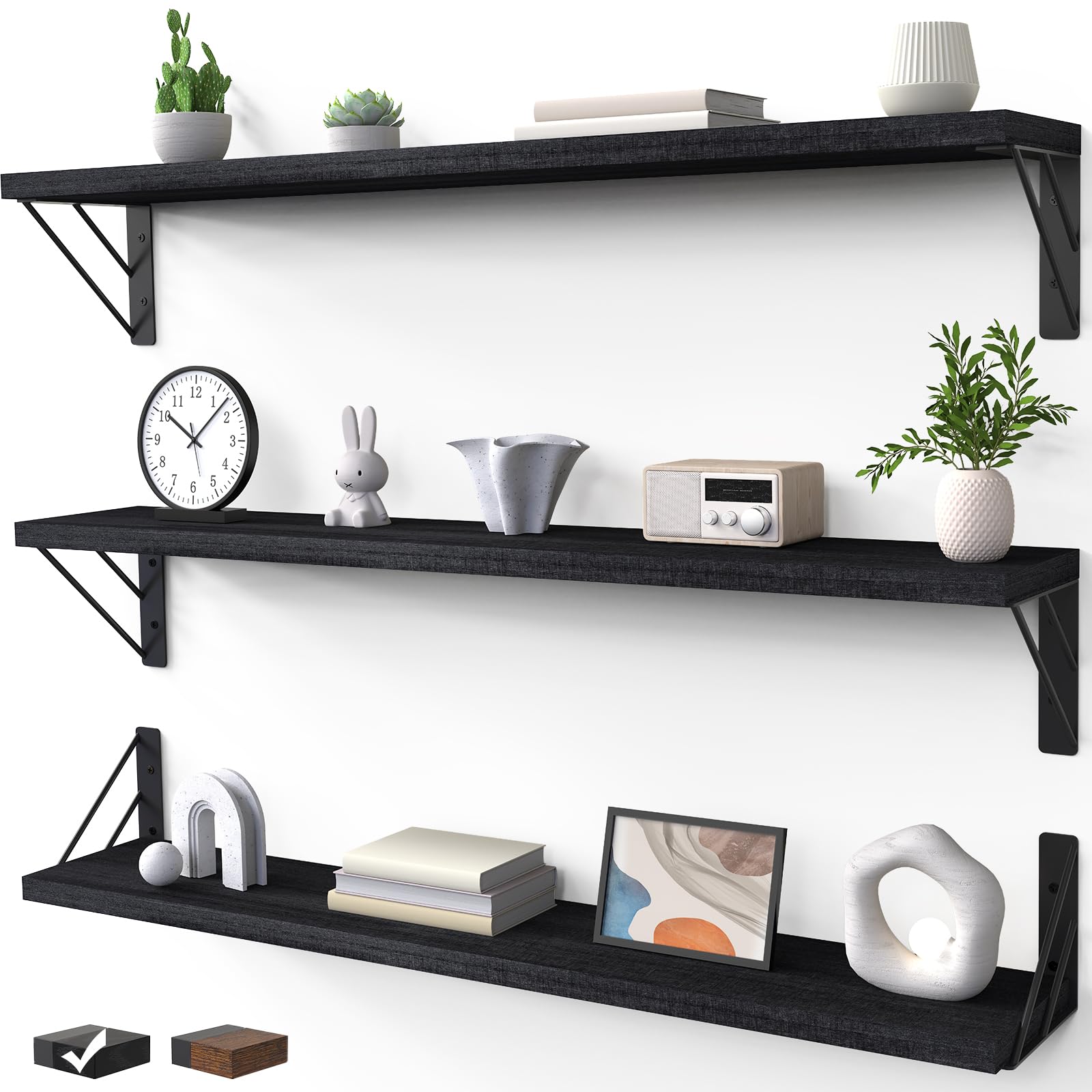 23in Rustic Brown Floating Shelves, Set of 4 Wall Mount Wood Shelves for Bedroom Bathroom Kitchen