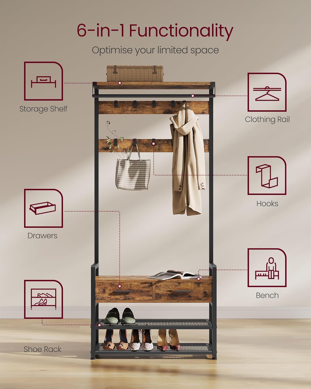 VASAGLE Hall Tree with Bench and Shoe Storage, Hallway Coat Rack with Shoe Bench, 2 Fabric Drawers, 10 Hooks, 30 x 80.4 x 181.6 cm, Vintage Brown and Ink Black HSR429B01