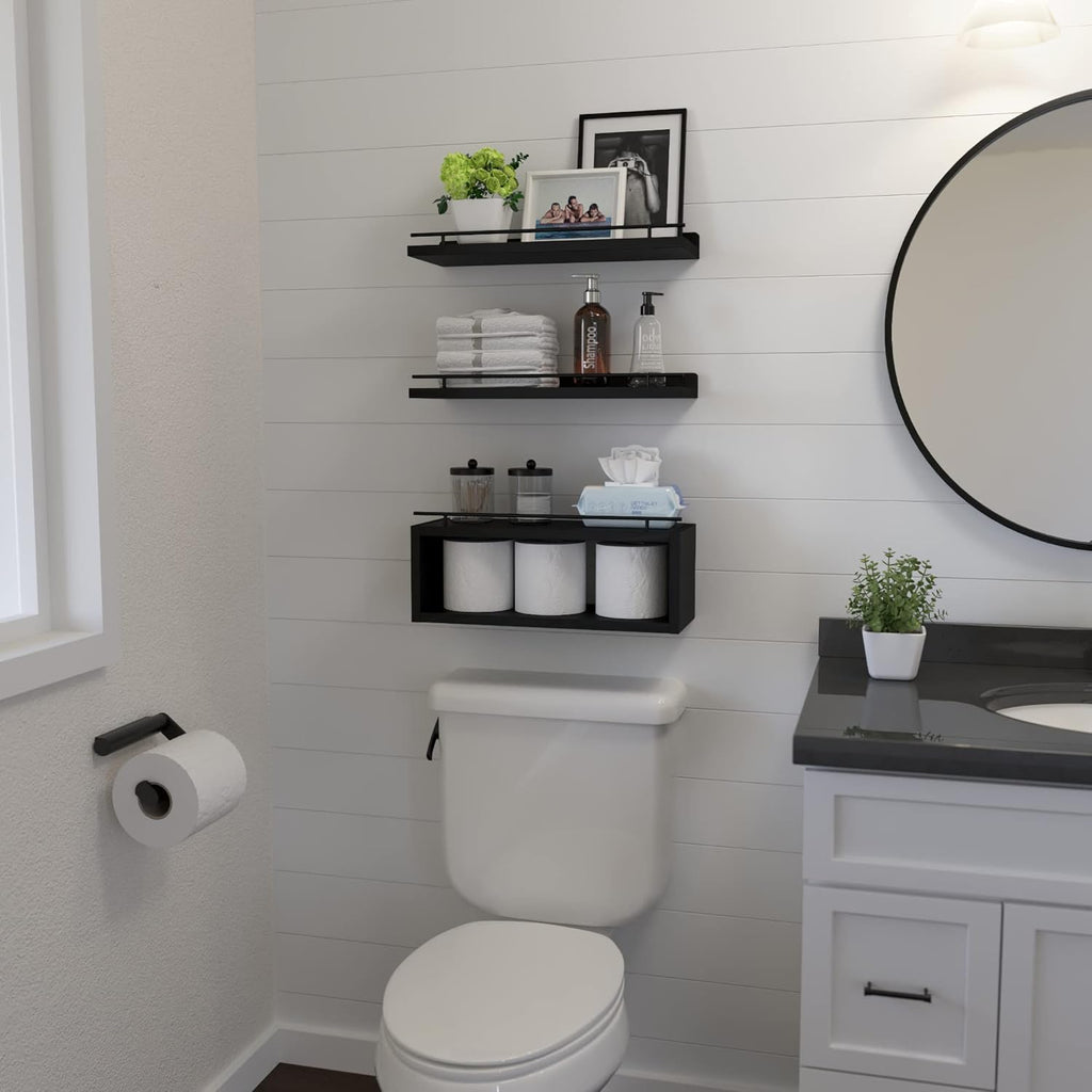 WOPITUES Floating Shelves for Wall with Cube Shelf, Wall Shelves with Metal Rail for Bathroom Decor, Bathroom Organizers and Storage, Over Toilet Shelves for Toilet Paper-Black