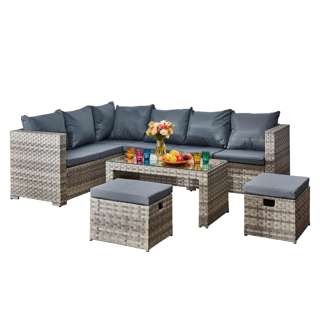 Aweather 6 Seater Rattan Corner Sofa Set Rattan Garden Furniture Set with Modern Glass Coffee Table and Washable Cushions (Cream)