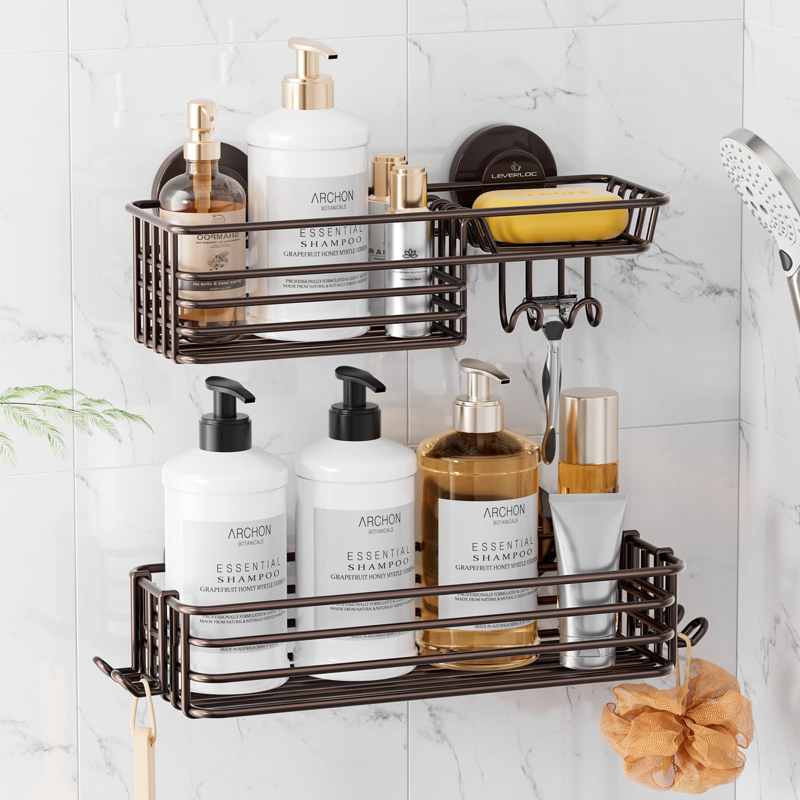 LEVERLOC Shower Caddy Suction Cup, 2 Pack Shower Shelves for Inside Shower with Hooks & Soap Holder, NO-Drilling Bathroom Shower Organizer, Rustproof Meatl Shower Holder Storage, Silver