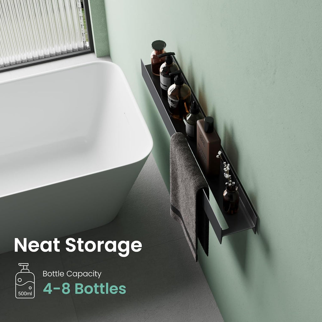 Mai & Mai Shower Caddy No Drill, Bathroom Storage Shelf with Screw Mounting and Optional Adhesive Installation, 60cm Wall Mounted Shower Shelf with Towel Hanging Space, Reglo-03, Matte Black