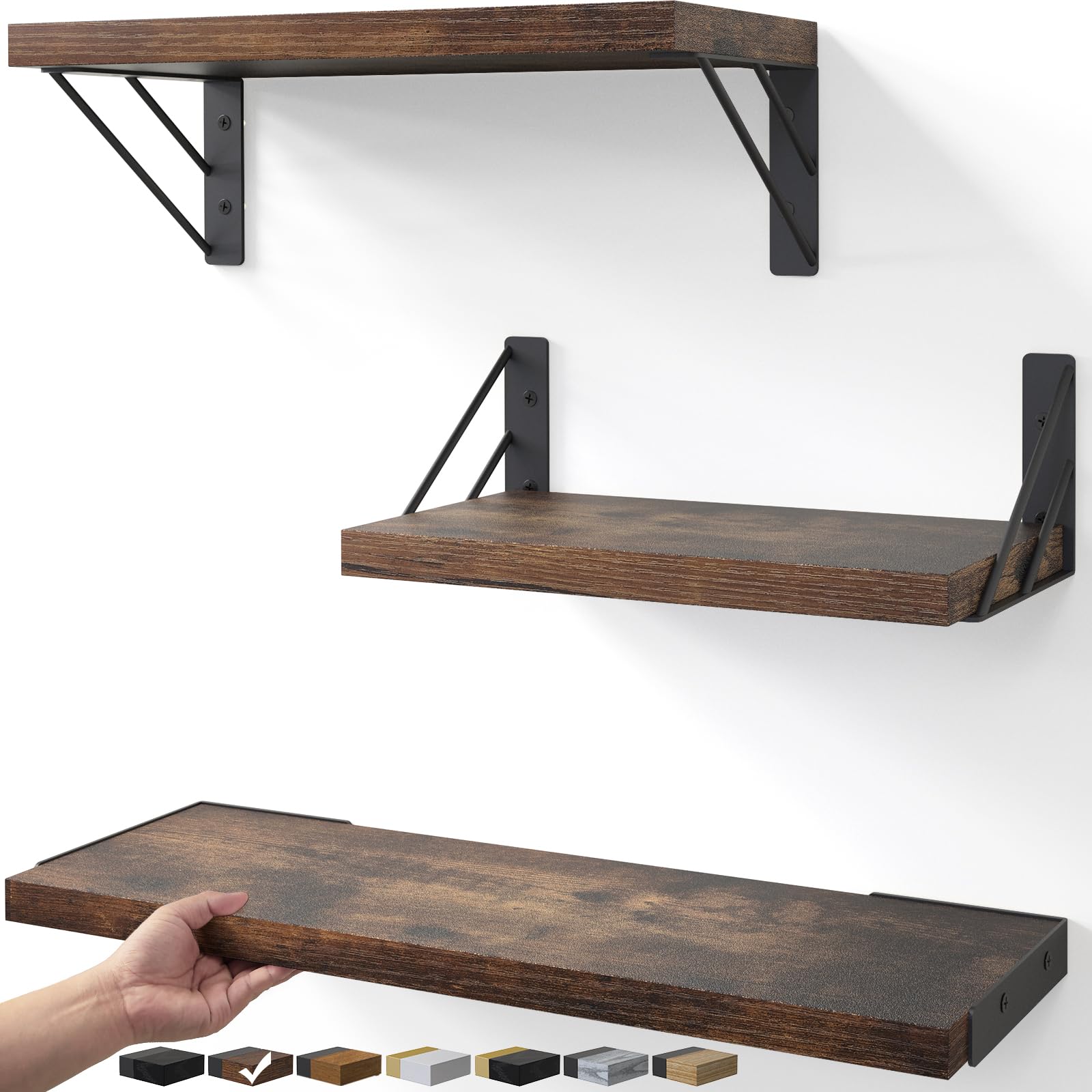 23in Rustic Brown Floating Shelves, Set of 4 Wall Mount Wood Shelves for Bedroom Bathroom Kitchen