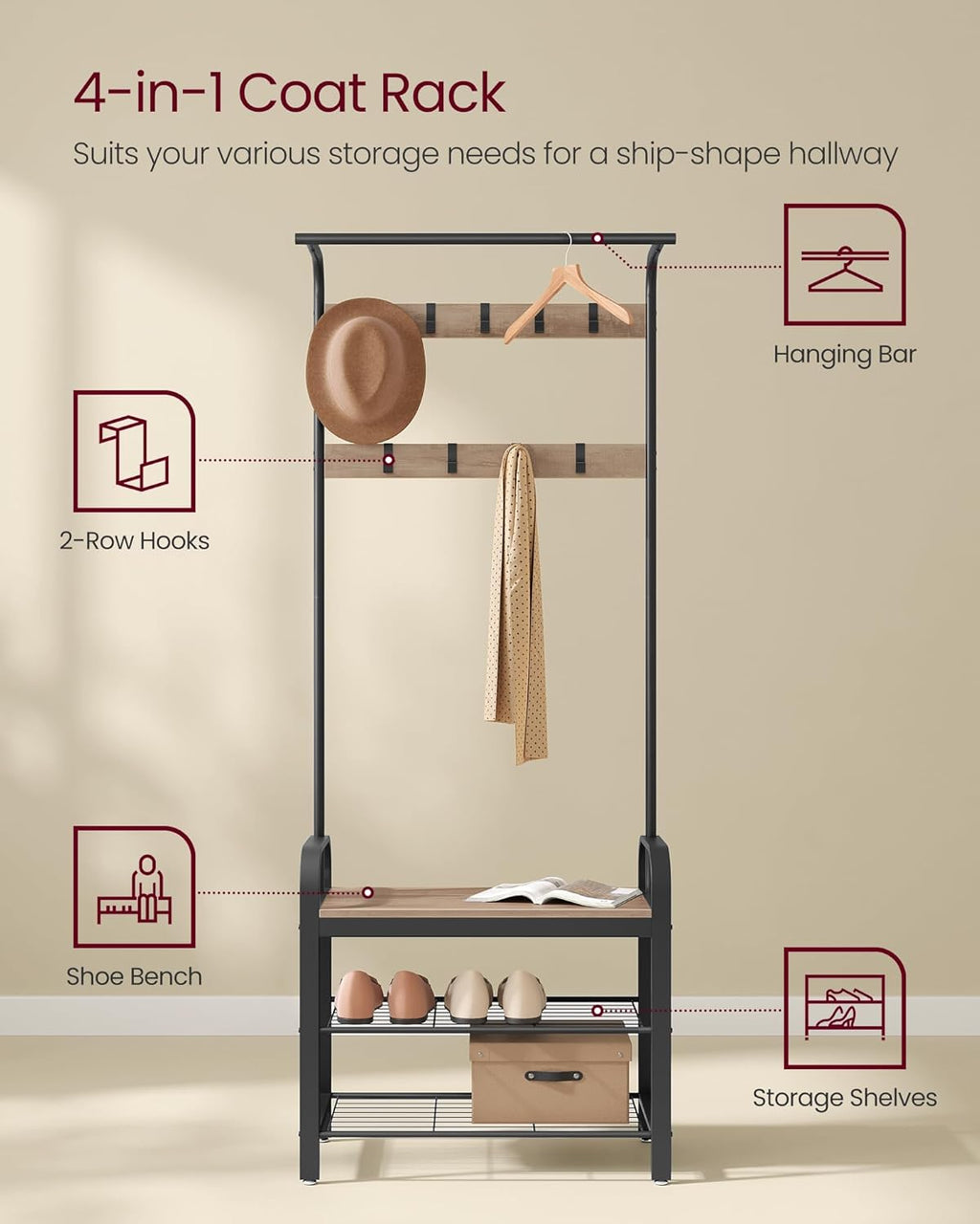 VASAGLE Coat Rack, Coat Stand with Shoe Storage Bench, 4-in-1 Design, with 9 Removable Hooks, a Clothes Rail, for Hallway, Entrance, 34 x 72 x 183 cm, Industrial, Camel Brown and Ink Black HSR040K02