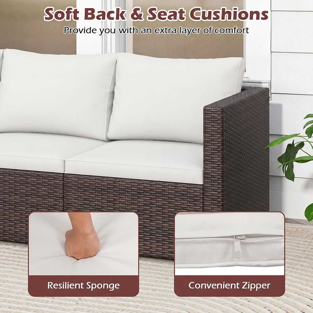 COSTWAY 3-Seater Garden Rattan Sofa, 3-Piece Sectional Patio Sofa Couch with Thick Cushions and Armrests, All-Weather Wicker Weave Outdoor Seating Bench Furniture (Mixed Brown+Off White, 193x67x61cm)