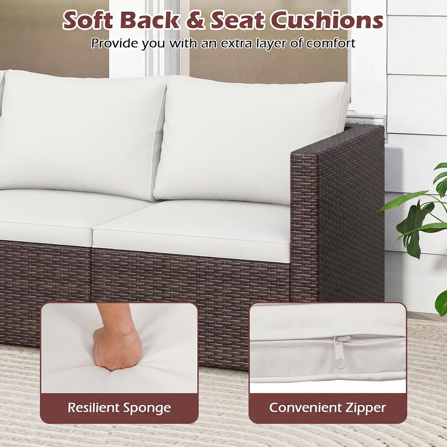COSTWAY 3-Seater Garden Rattan Sofa, 3-Piece Sectional Patio Sofa Couch with Thick Cushions and Armrests, All-Weather Wicker Weave Outdoor Seating Bench Furniture (Mixed Brown+Off White, 193x67x61cm)