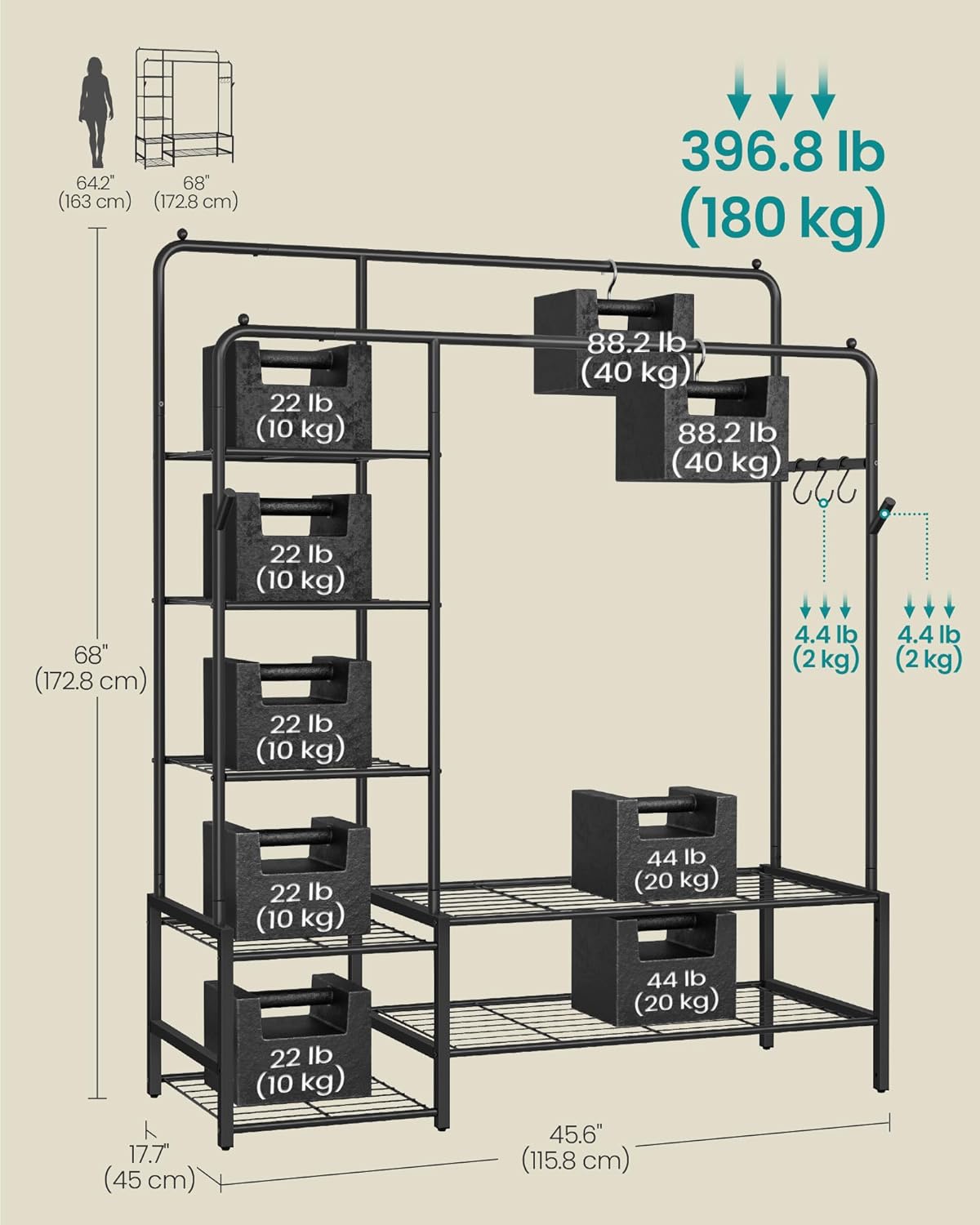 SONGMICS Clothes Rail, Heavy Duty Clothes Rack with 7 Storage Shelves, Double Hanging Rods, Metal Coat Rack, Open Wardrobe for Bedroom, Living Room, Hallway, Black HSR182B01