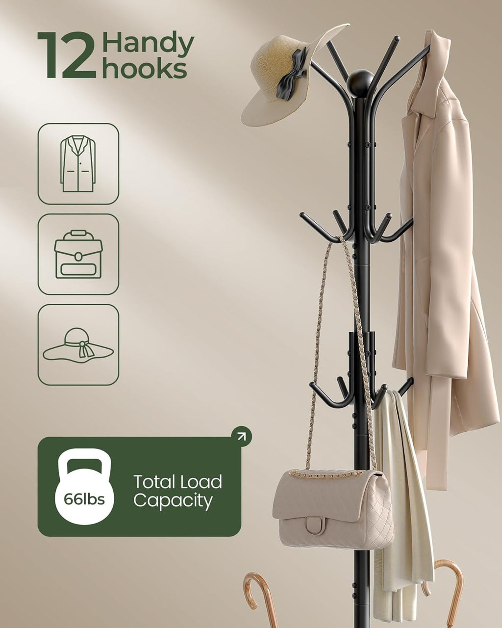 CHOEZON Coat Stand with Umbrella Holder, Coat Rack Freestanding, Entryway Hanger Stand with12 Hooks, Metal Hall Tree for Bags, Coats, Hats, Entryway, Hallway, Living Room, Bedroom, Black DTYM01BB