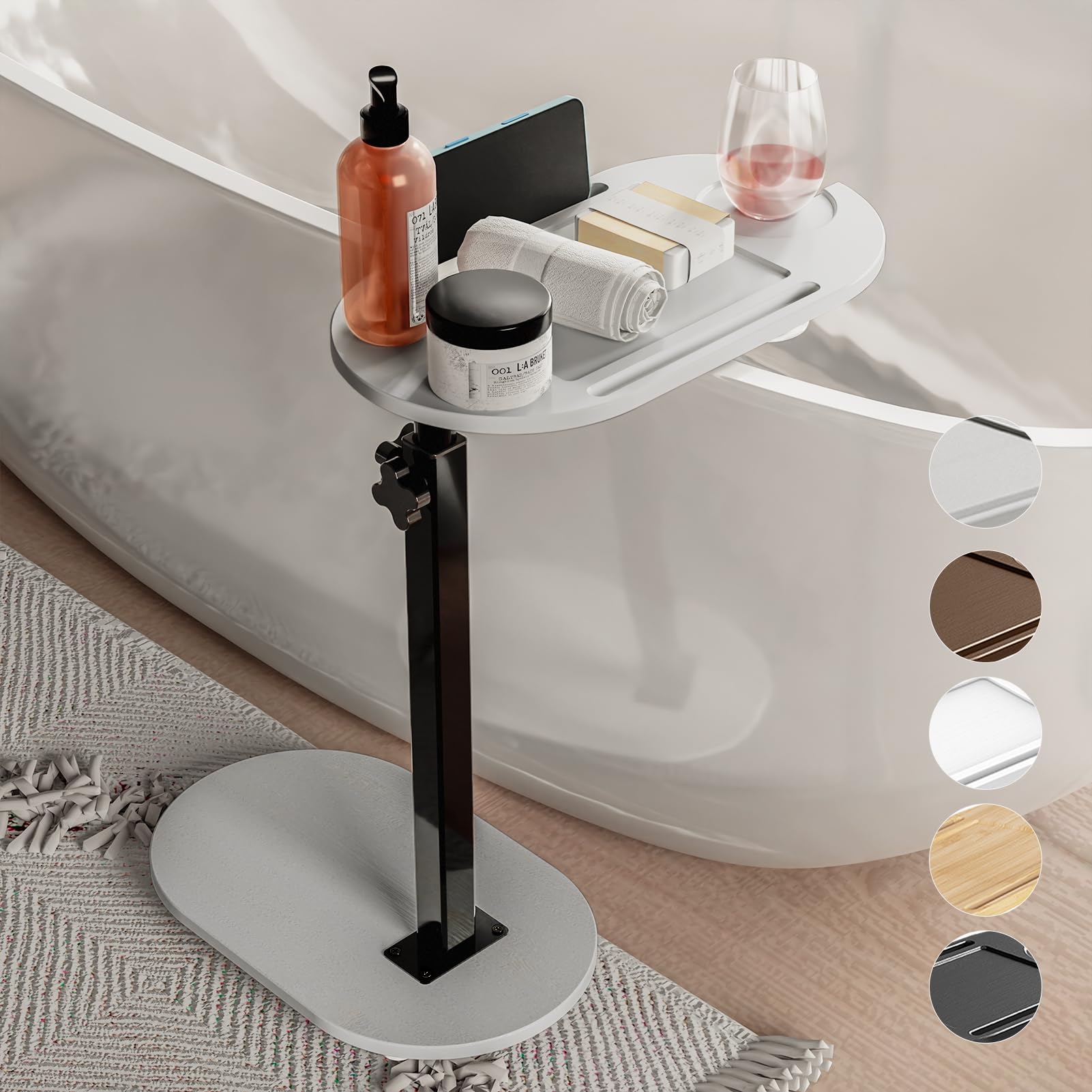 Yumkfoi Bamboo Bathtub Tray Table with Adjustable Height, Freestanding Bathtub Caddy for Tub Against Wall, Tub Organizer Suitable for Luxury Spa and House Warming Gift - Patent Protected (Black)