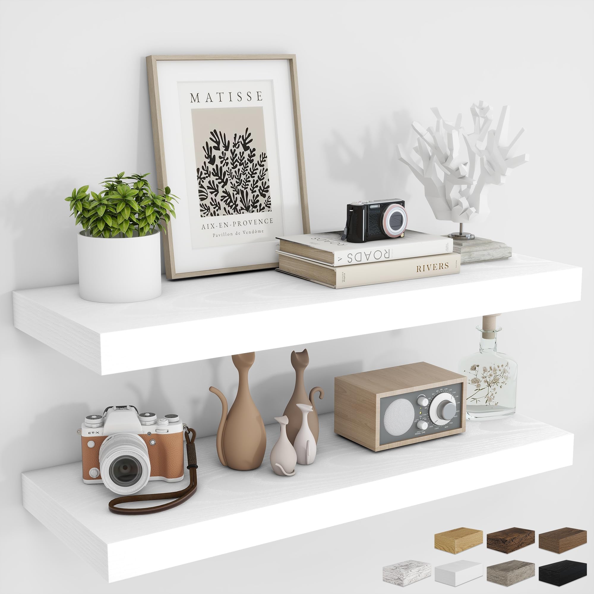 RICHFOCUS 24Inch Floating Shelves for Wall 2 Pack Shelves for Bedroom|Kitchen|Bathroom Wall Mounted Rustic Wood Floating Shelf with Invisible Brackets for Books|Storage|Decor, Oak