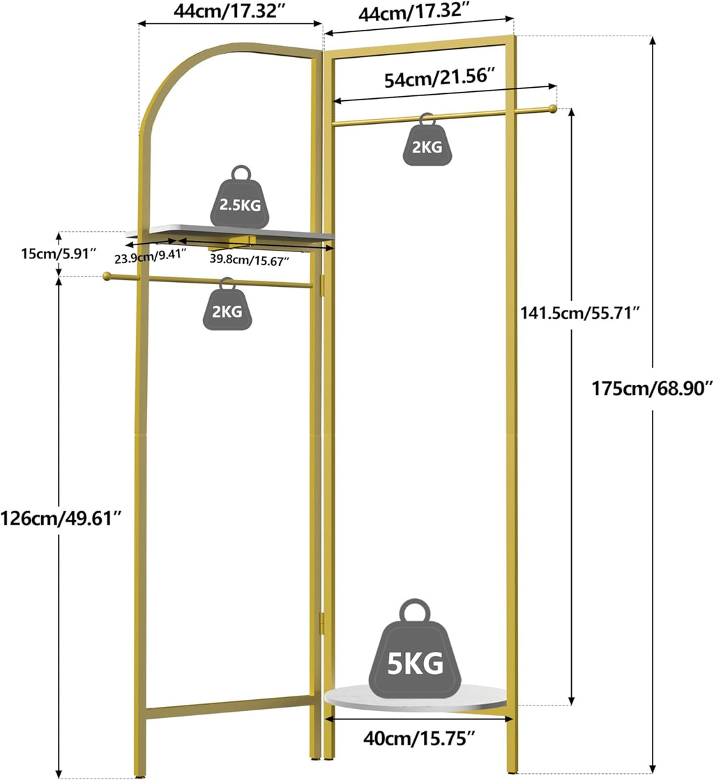 unho Gold Corner Coat Stand with Shelves, Adjustable 90°- 180° Folding Metal Clothes Rack with Hooks & Marble Shelves for Hallway Bedroom Living Room