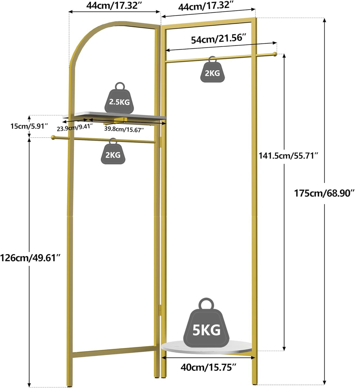 unho Gold Corner Coat Stand with Shelves, Adjustable 90°- 180° Folding Metal Clothes Rack with Hooks & Marble Shelves for Hallway Bedroom Living Room