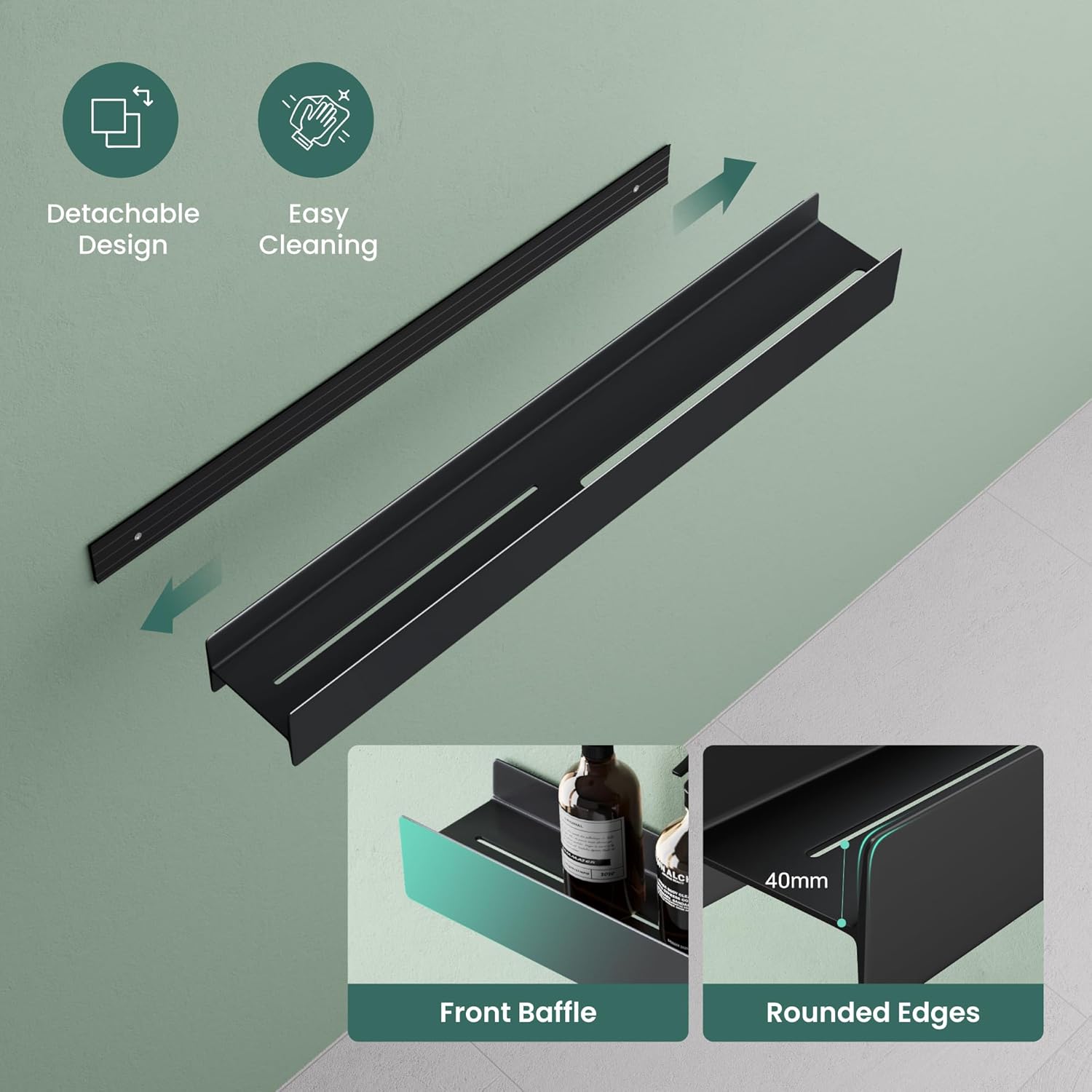 Mai & Mai Shower Caddy No Drill, Bathroom Storage Shelf with Screw Mounting and Optional Adhesive Installation, 60cm Wall Mounted Shower Shelf with Towel Hanging Space, Reglo-03, Matte Black