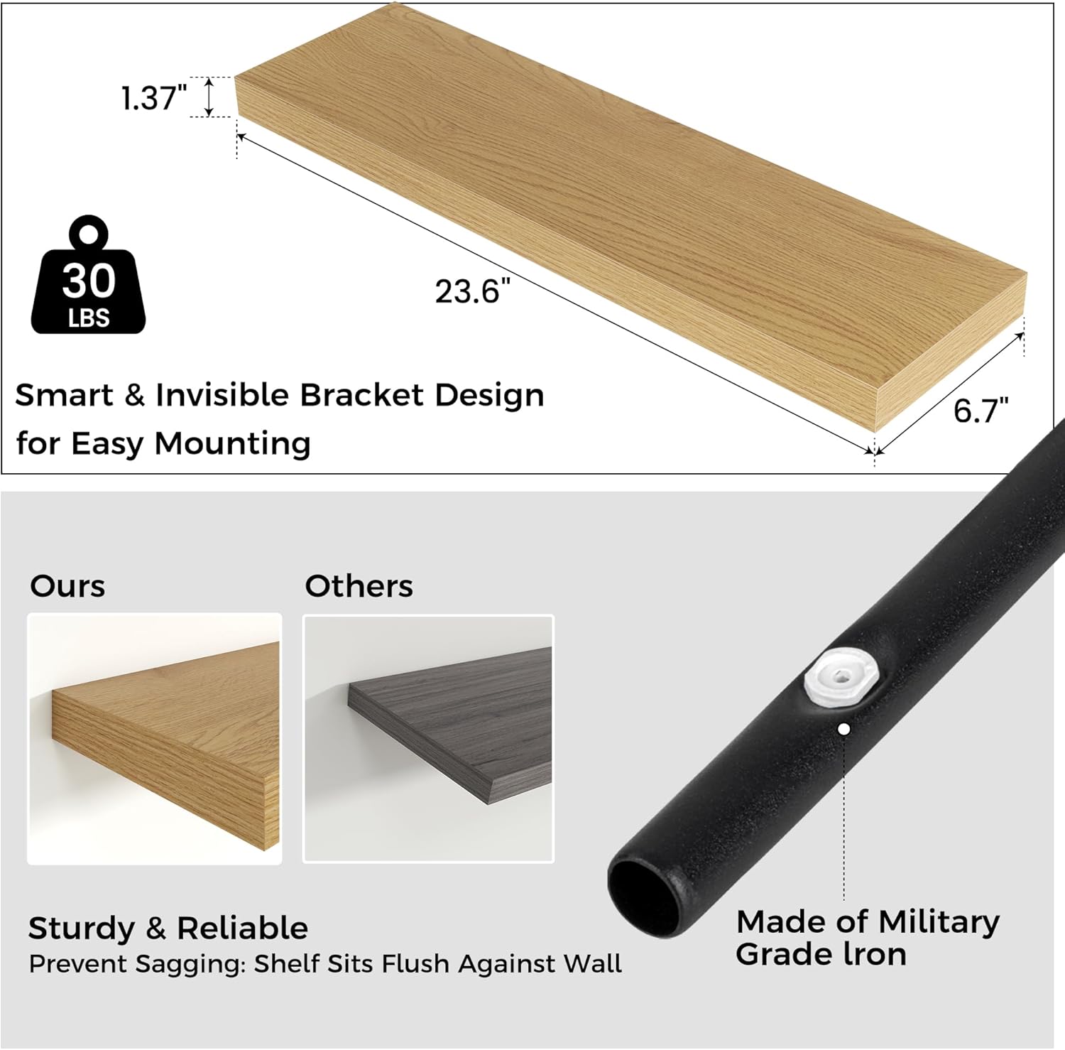 Venusmiles Floating Shelves for Wall 24 inch Long, Engineered Wood Wall Shelves with Invisible Brackets for Living Room Bedroom Bathroom Office Kitchen Decor and Storage, Oak Finish, Set of 2
