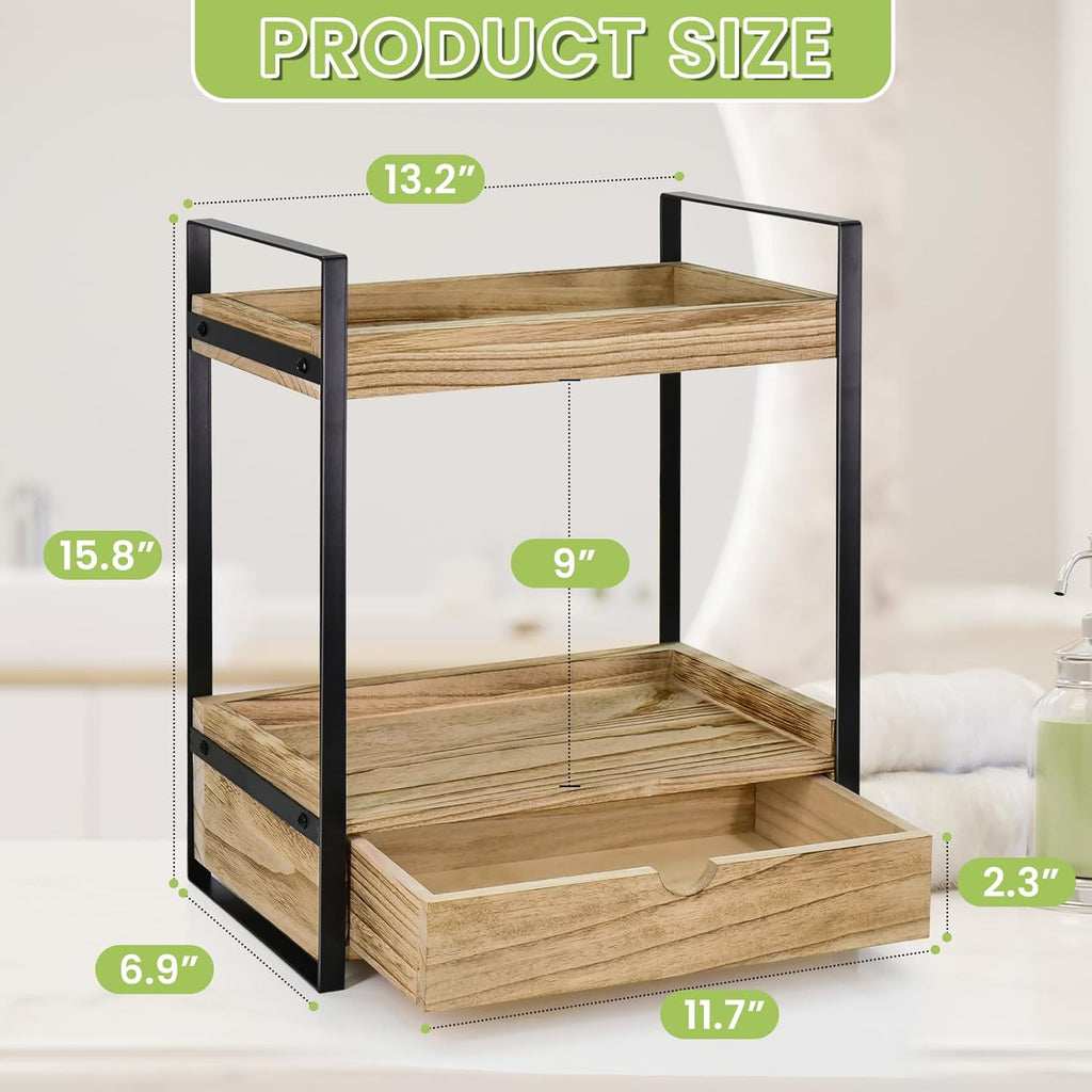 2-Tier Bathroom Organizer Countertop With Drawer, Wood Counter Shelf for Storage, Vanity Tray for Organization and Decor, Countertop Organizer for Kitchen, Office (Brown)