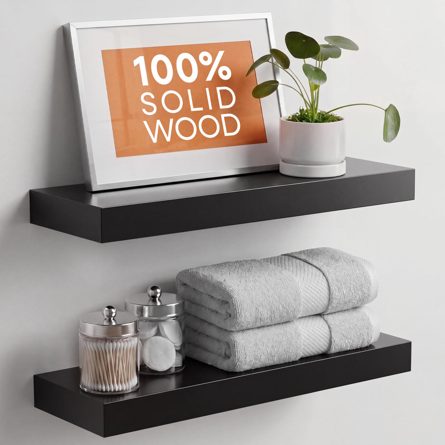 Homeforia White Floating Shelves 24 inch, High End Solid Real Wood 24inch Bathroom Floating Shelf for Wall Mounted, White Wooden 24in Floating Shelves, Heavy Duty Bracket, 24 X 6.5 X 1.75 in, Set of 2