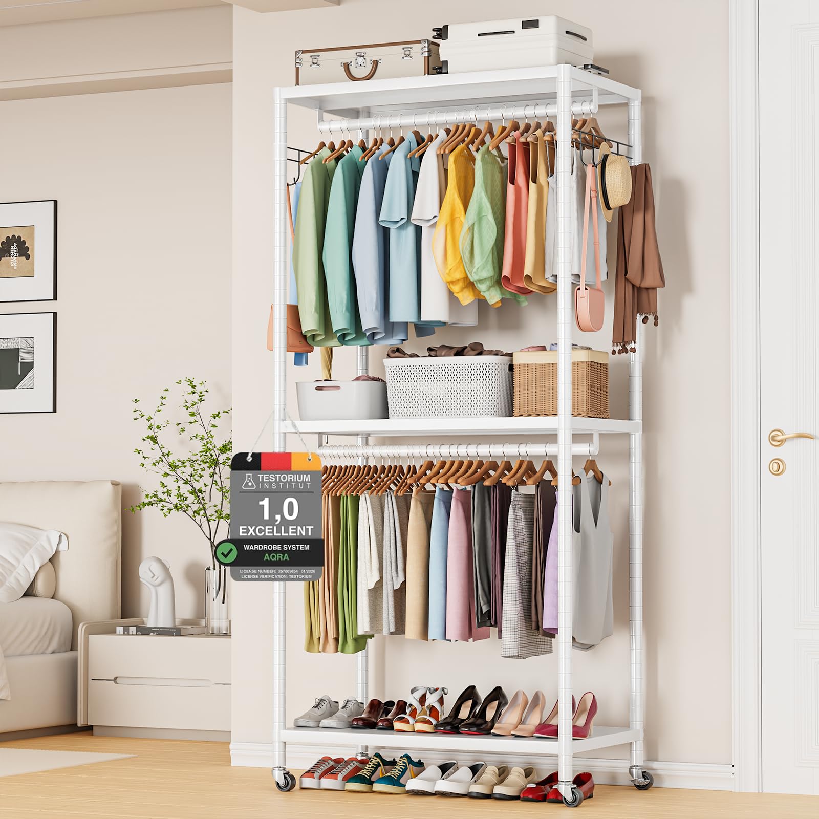 Black 2-Tier Heavy Duty Clothes Rack, 200cm with Adjustable Shelves, Double Rods & Side Hooks, 440lbs Load Capacity