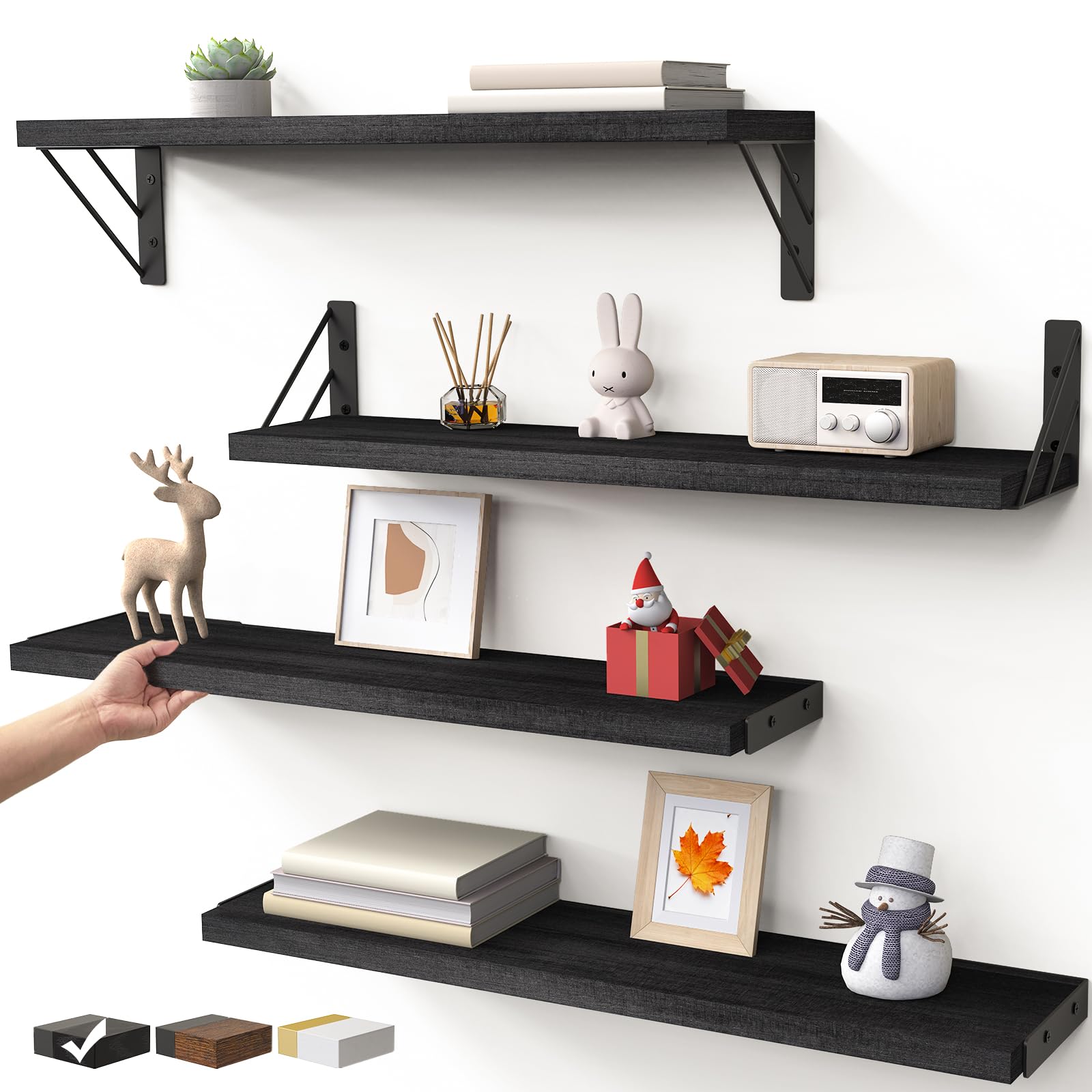 23in Rustic Brown Floating Shelves, Set of 4 Wall Mount Wood Shelves for Bedroom Bathroom Kitchen