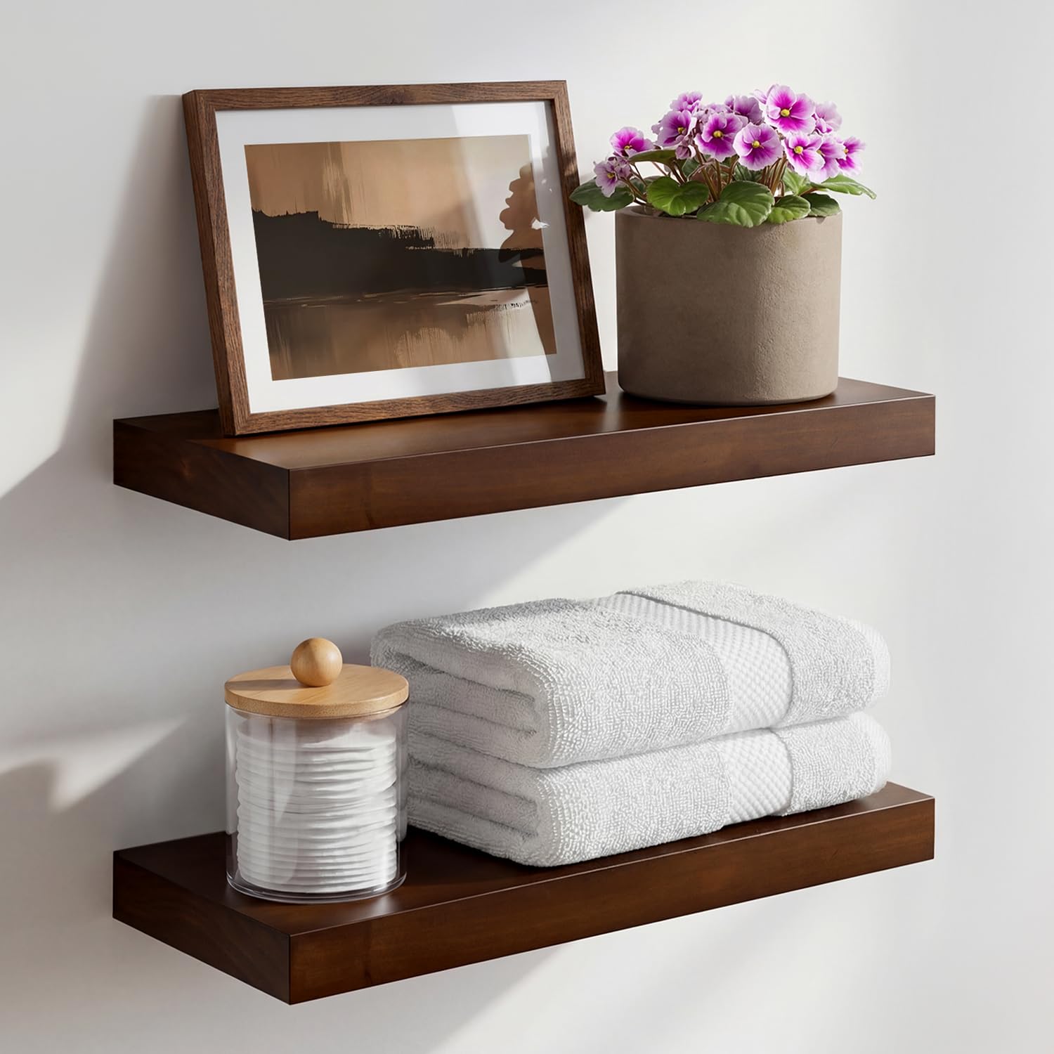 Homeforia White Floating Shelves 24 inch, High End Solid Real Wood 24inch Bathroom Floating Shelf for Wall Mounted, White Wooden 24in Floating Shelves, Heavy Duty Bracket, 24 X 6.5 X 1.75 in, Set of 2