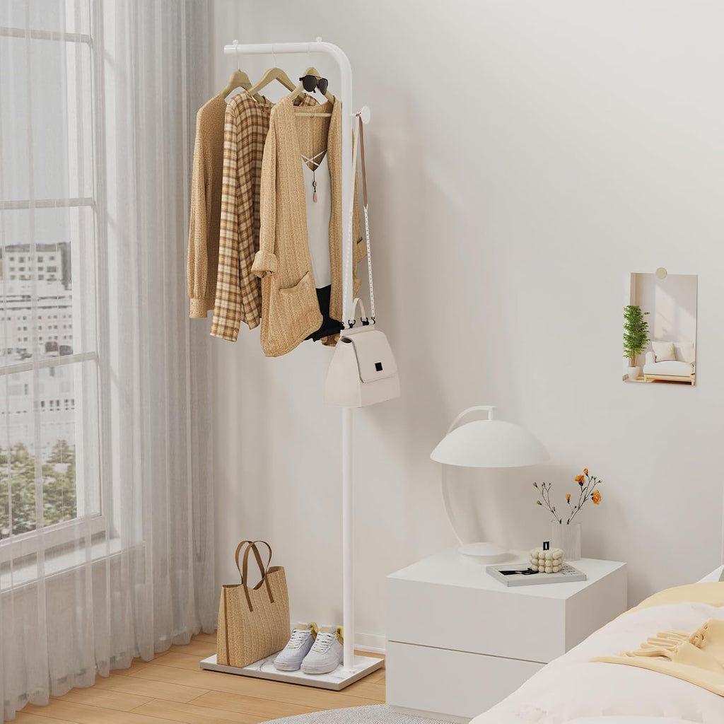OUTBROS Coat Stand Metal - 180cm Coat Rack with 1 Hooks for Hanging Clothes, Hats and Bags, Clothes Rail for Entryway, Living Room, White