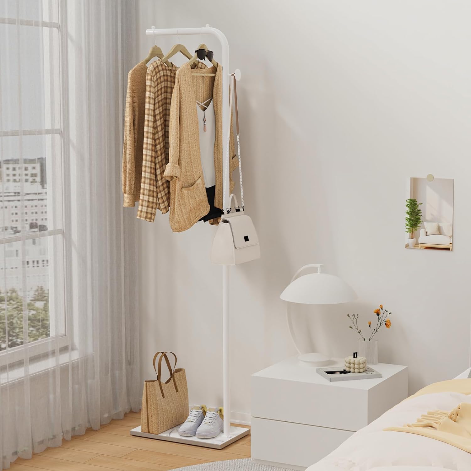 OUTBROS Coat Stand Metal - 180cm Coat Rack with 1 Hooks for Hanging Clothes, Hats and Bags, Clothes Rail for Entryway, Living Room, White