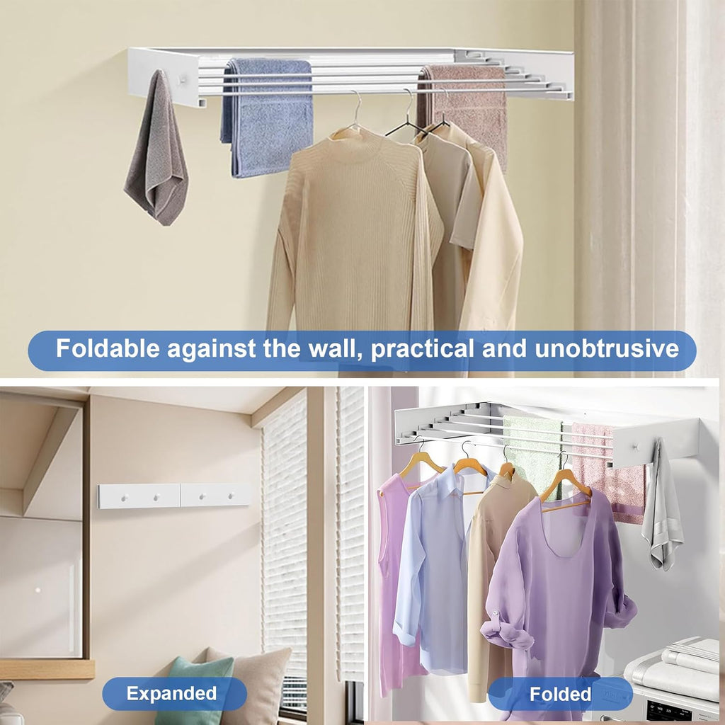 Wall Mounted Clothes Drying Rack,60cm Foldable Wall Mount Clothes Airer Heavy Duty Carbon Steel Wall Dryer with 4 Hooks 25Kg Load Capacity for Indoor and Outdoor (60cm(23.6in))