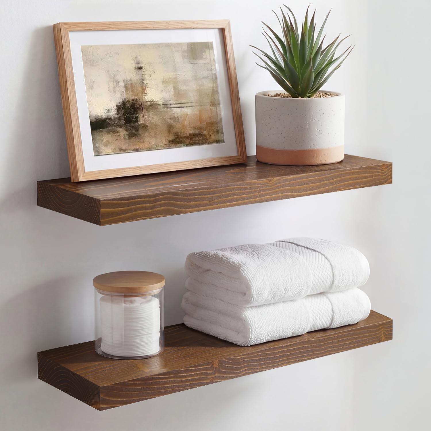 Homeforia White Floating Shelves 24 inch, High End Solid Real Wood 24inch Bathroom Floating Shelf for Wall Mounted, White Wooden 24in Floating Shelves, Heavy Duty Bracket, 24 X 6.5 X 1.75 in, Set of 2