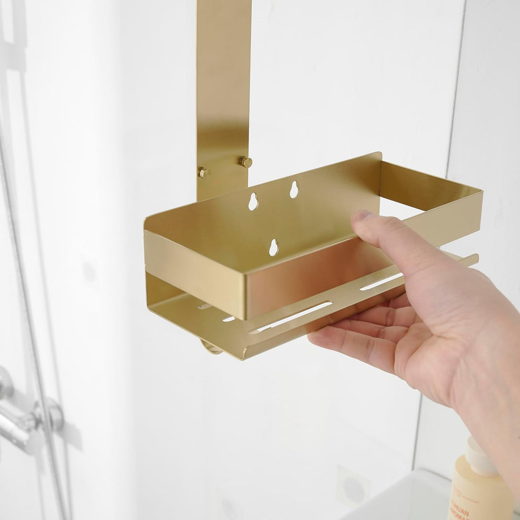 Beelee Gold Shower Caddy Hanging: Over Door Shower Organizer Bathroom Storage with 2-Tier Rack and Hooks, Holds Body Wash, Shampoo, Soap, Razor, Towel
