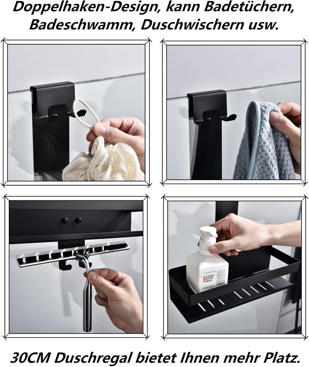 Shower Caddy Hanging, 2-Store Shower Basket Double Shower Shelf for Hanging the Shower Screen, Bathroom Shelf with Hooks, SUS304 Stainless Steel Matte Black
