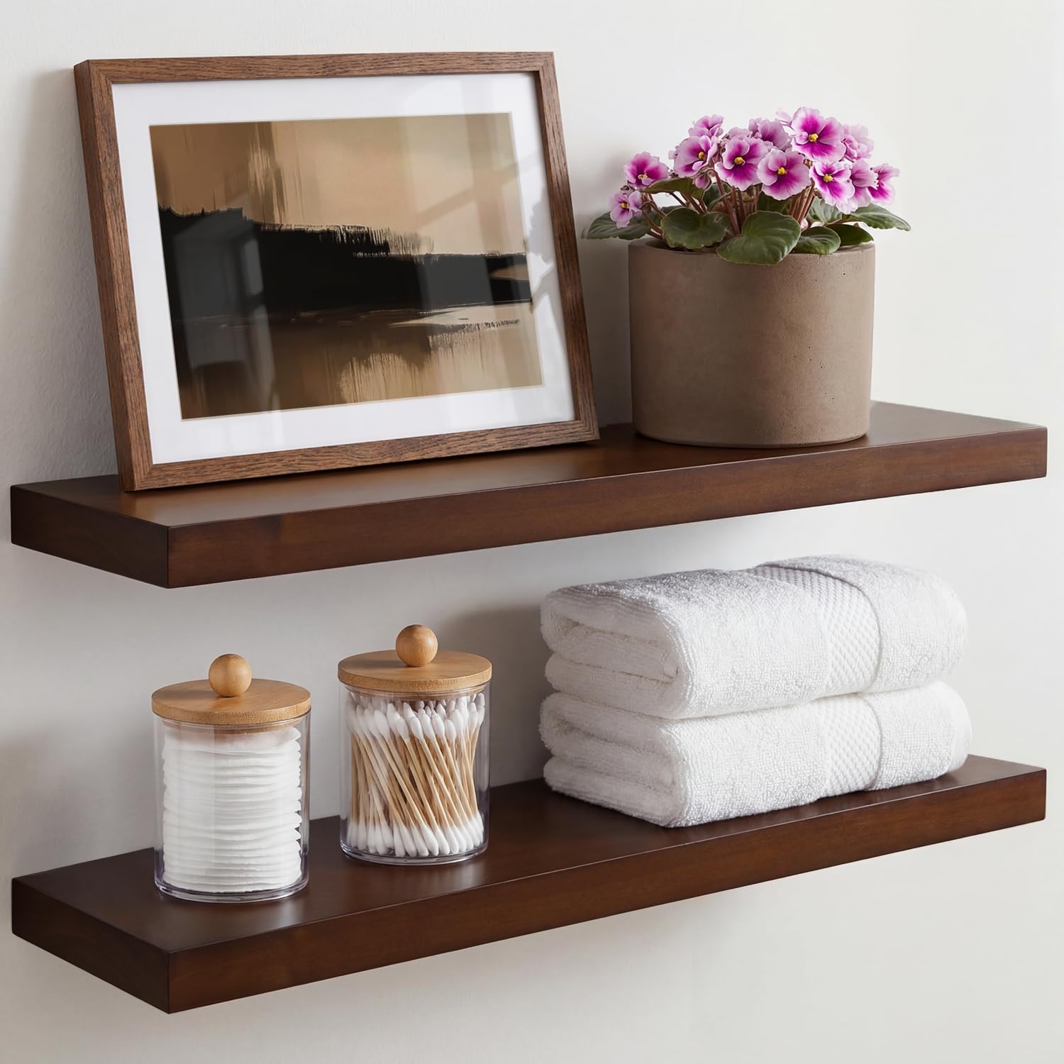 Homeforia White Floating Shelves 24 inch, High End Solid Real Wood 24inch Bathroom Floating Shelf for Wall Mounted, White Wooden 24in Floating Shelves, Heavy Duty Bracket, 24 X 6.5 X 1.75 in, Set of 2