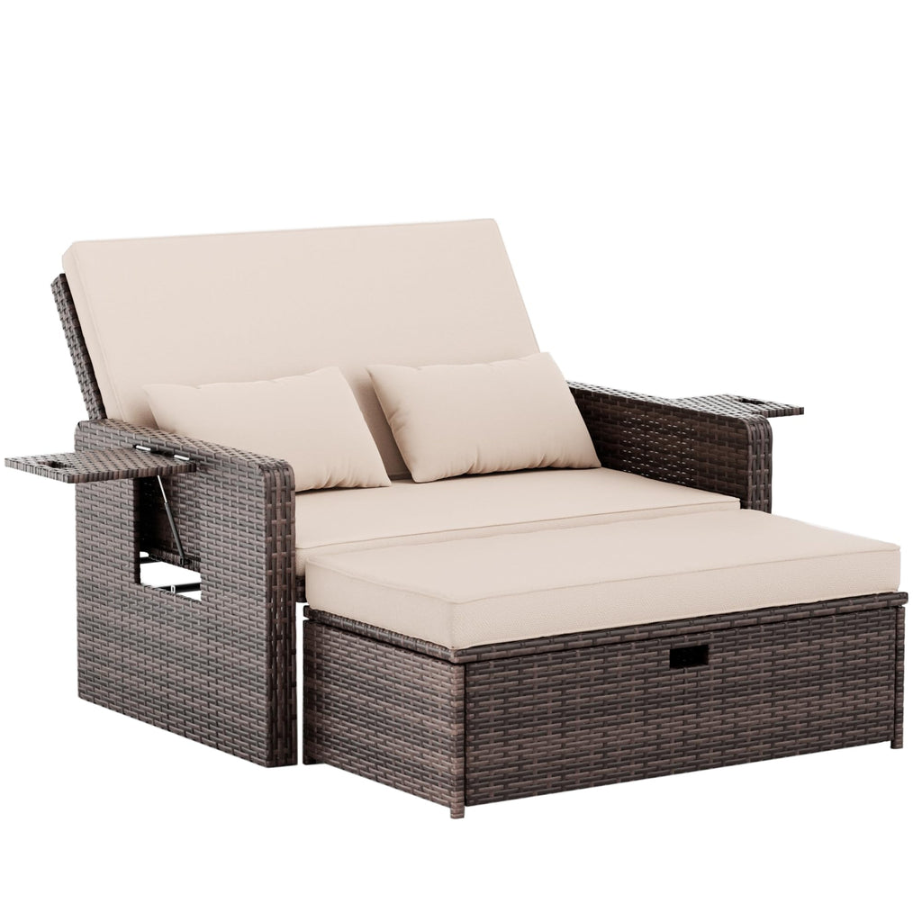 Amopatio Rattan Daybed Garden Furniture Set, Outdoor Loveseat Sofa with Storage Ottoman, Sunbed Sofa Set with Cushions/Adjustable Backrest/Retractable Trays for Balcony, Patio, Grey