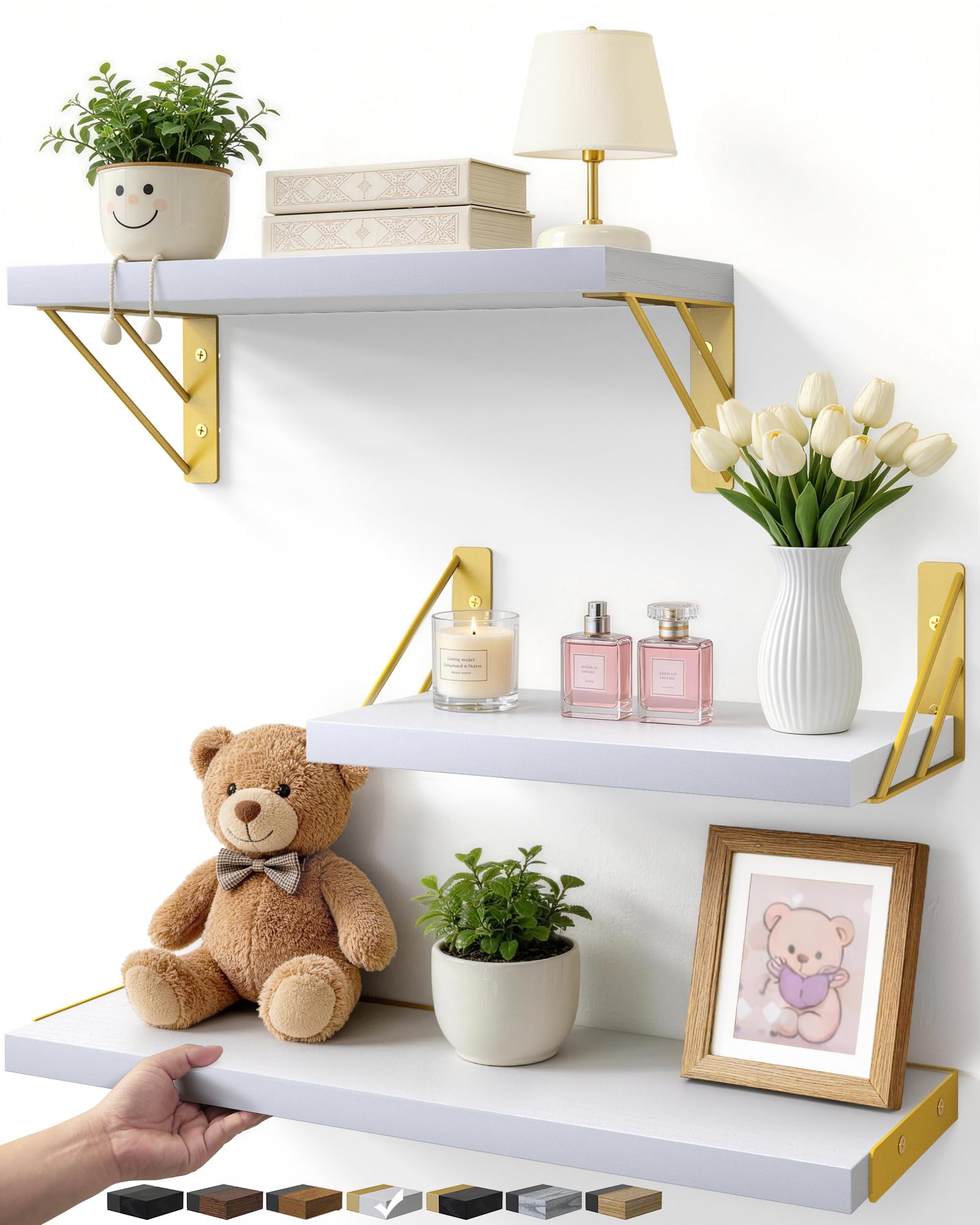 23in Rustic Brown Floating Shelves, Set of 4 Wall Mount Wood Shelves for Bedroom Bathroom Kitchen