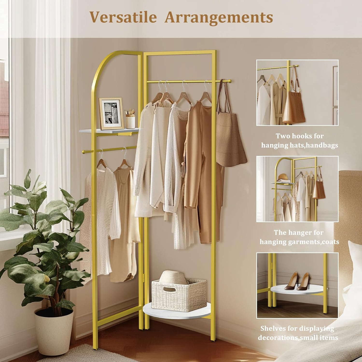 unho Gold Corner Coat Stand with Shelves, Adjustable 90°- 180° Folding Metal Clothes Rack with Hooks & Marble Shelves for Hallway Bedroom Living Room