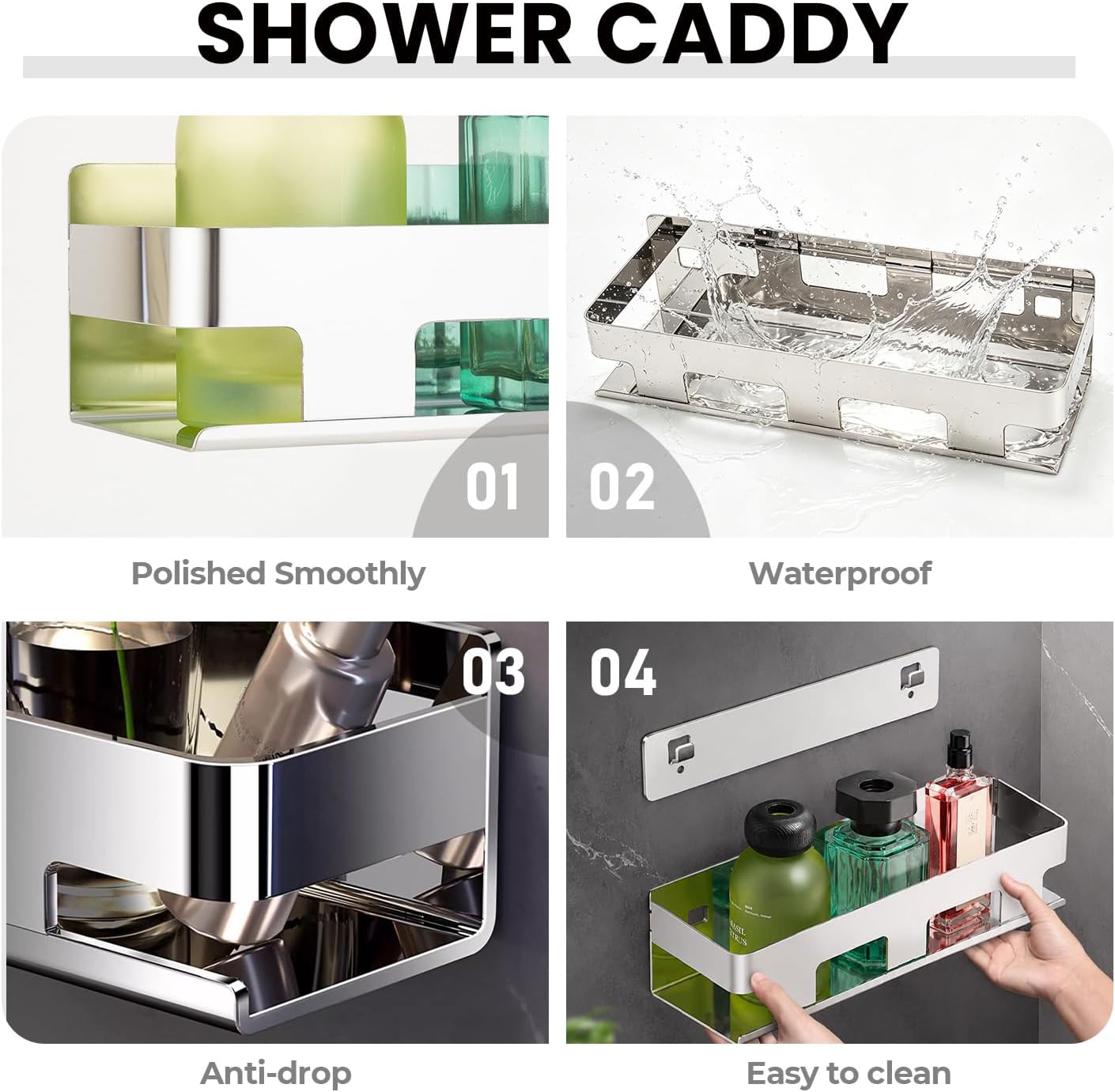 30cm Chrome 304 Stainless Steel Shower Caddy, Rust-Proof Wall Shelf for Bathroom & Kitchen