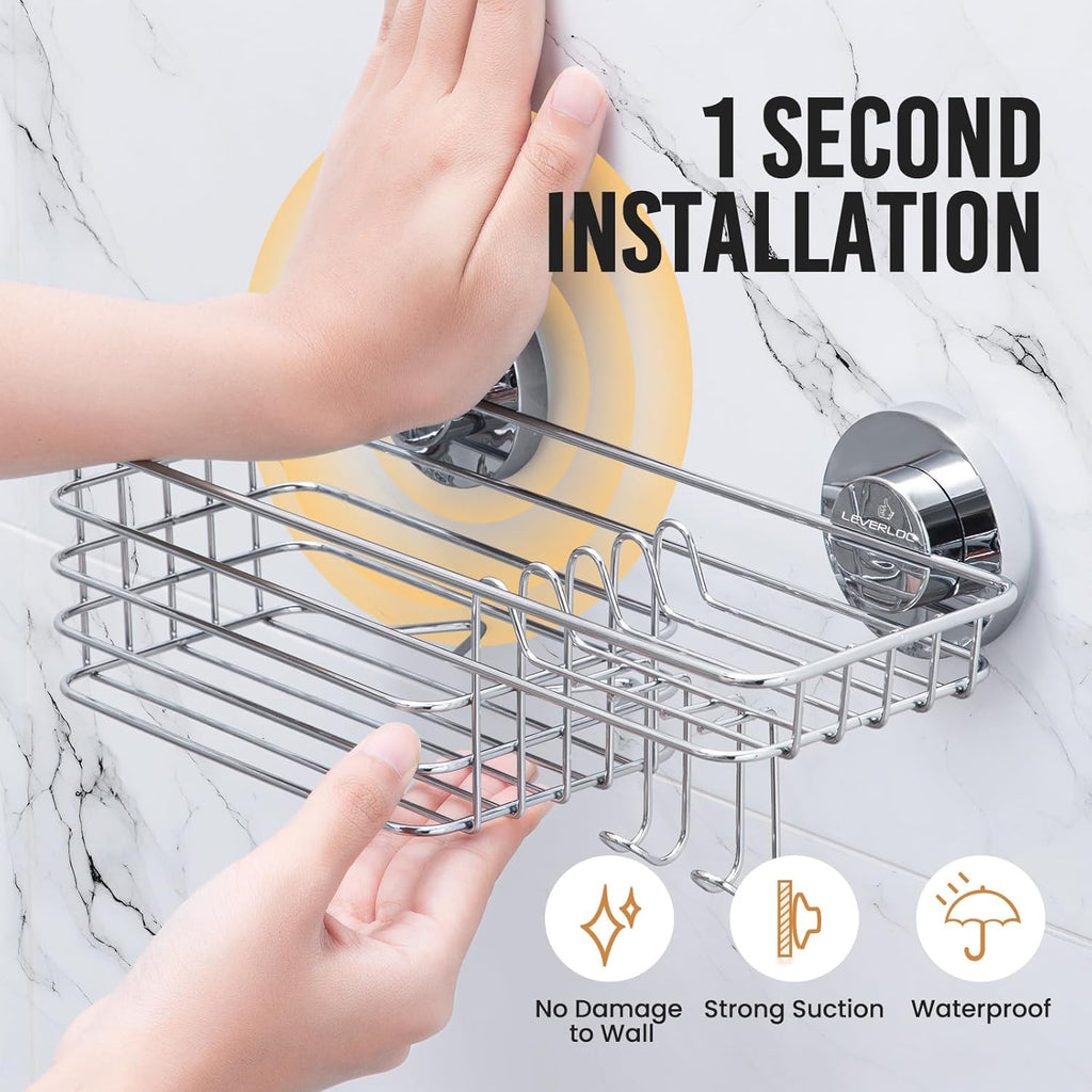 LEVERLOC Shower Caddy Suction Cup, 2 Pack Shower Shelves for Inside Shower with Hooks & Soap Holder, NO-Drilling Bathroom Shower Organizer, Rustproof Meatl Shower Holder Storage, Silver