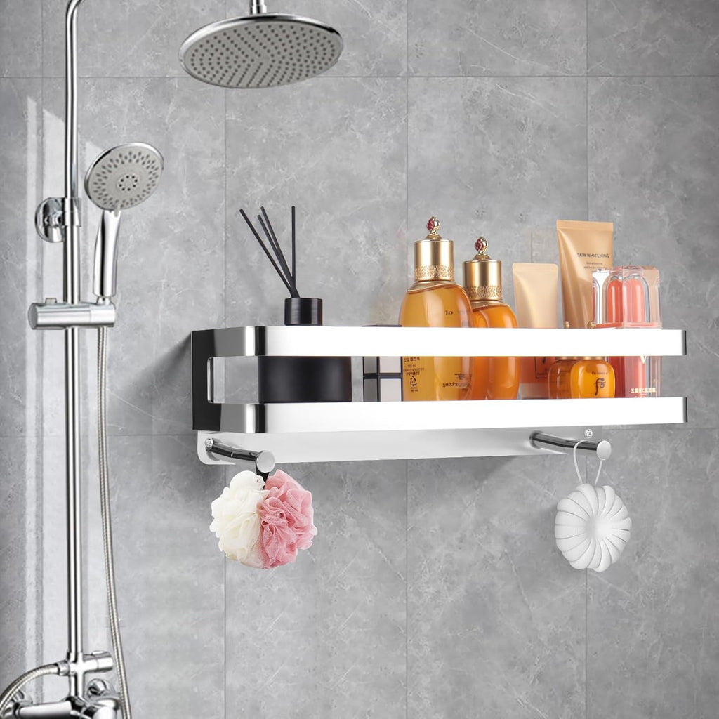 Shower Caddy,Wall Mounted Shower Shelf with Hooks, Stainless Steel Organiser for Shampoo and Bath Gel,Chrome (40cm)