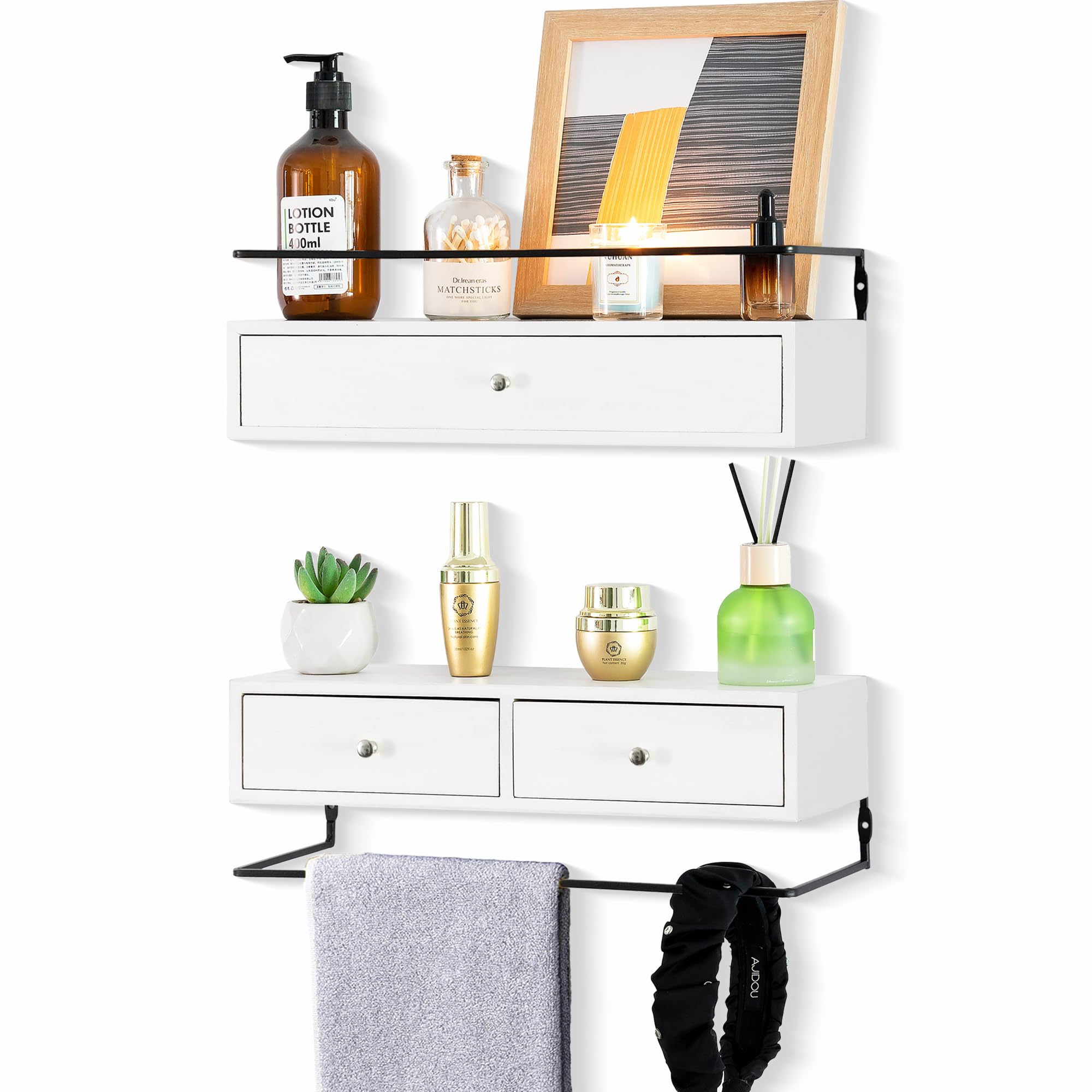Dreampossible Floating Shelves With Drawers Set of 2 - Wall Mounted Storage for Bathroom, Living Room, Kitchen - Rustic Wood Wall Decor for Plants, Books