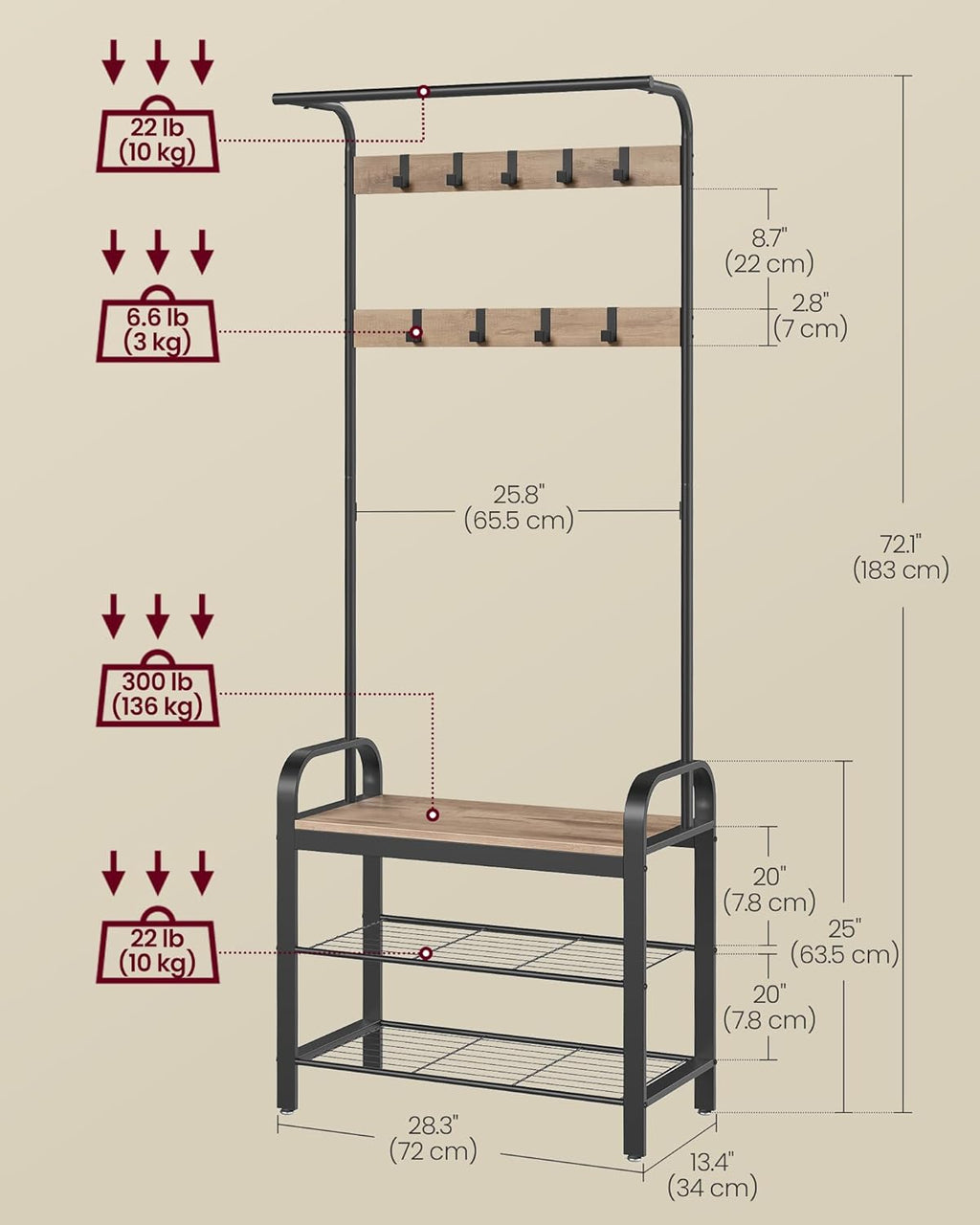 VASAGLE Coat Rack, Coat Stand with Shoe Storage Bench, 4-in-1 Design, with 9 Removable Hooks, a Clothes Rail, for Hallway, Entrance, 34 x 72 x 183 cm, Industrial, Camel Brown and Ink Black HSR040K02