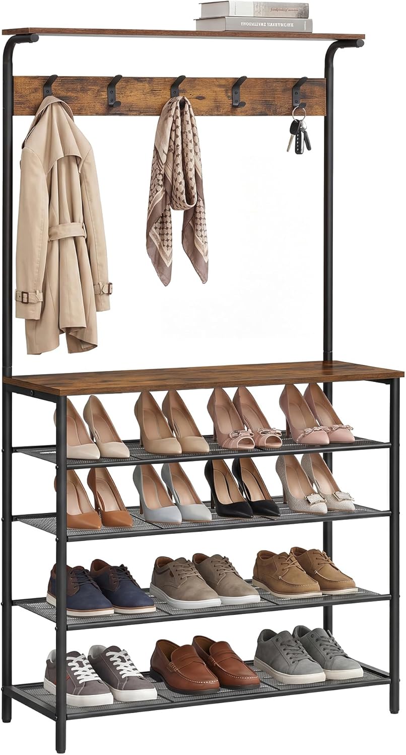 VASAGLE Clothes Rack, Hallway Tree with Shoe Storage, 5 Tier Shoe Rack, Different Height, 5 Double Hooks, Top Shelf, Dormitory in the Corridor Industrial Rustic Brown and Black HSR408B01