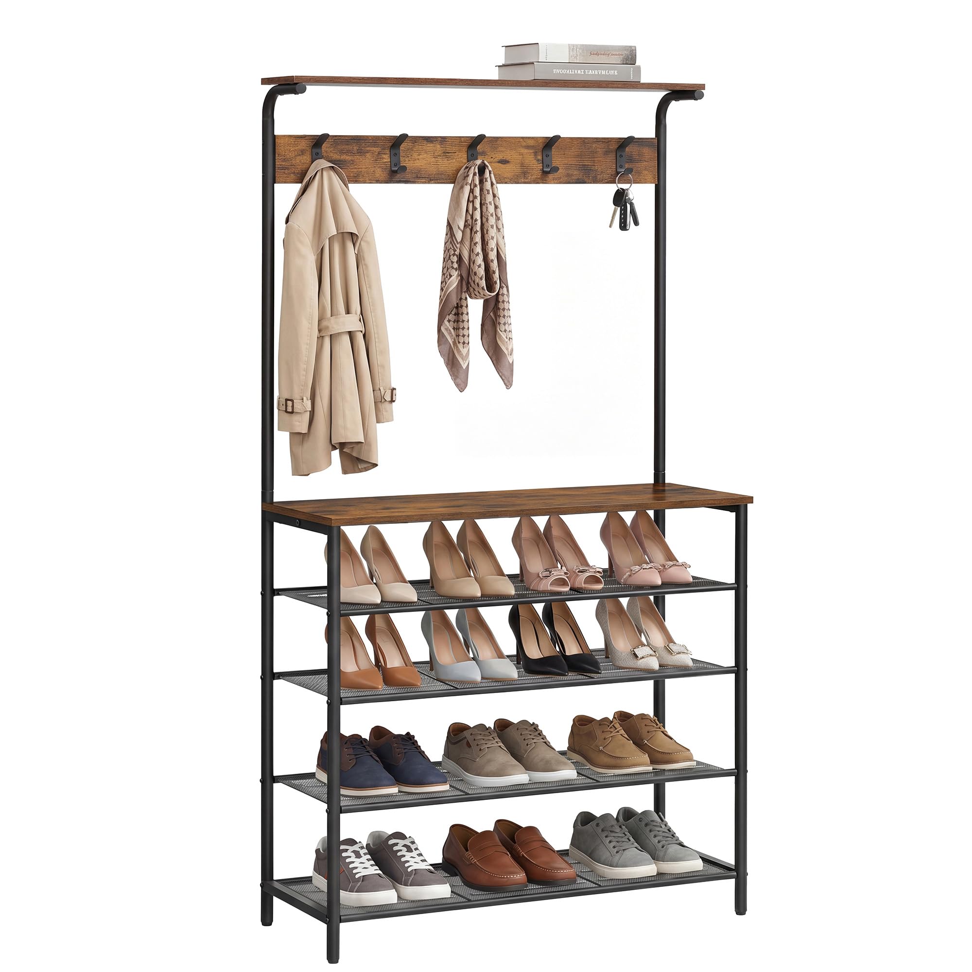 VASAGLE Clothes Rack, Hallway Tree with Shoe Storage, 5 Tier Shoe Rack, Different Height, 5 Double Hooks, Top Shelf, Dormitory in the Corridor Industrial Rustic Brown and Black HSR408B01