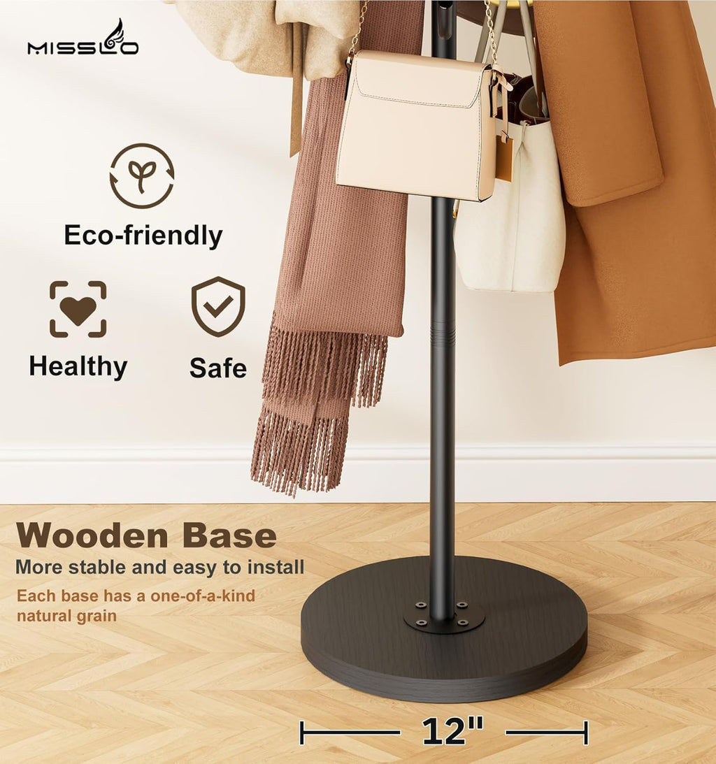 MISSLO Heavy Duty Coat Rack Freestanding with Stable Wood Base, Metal Coat Stands for Hallway & Small Space with 12 Hooks, Adjustable Clothes Hanger Stand Coat Tree for Jackets, Hats, Bags, Black