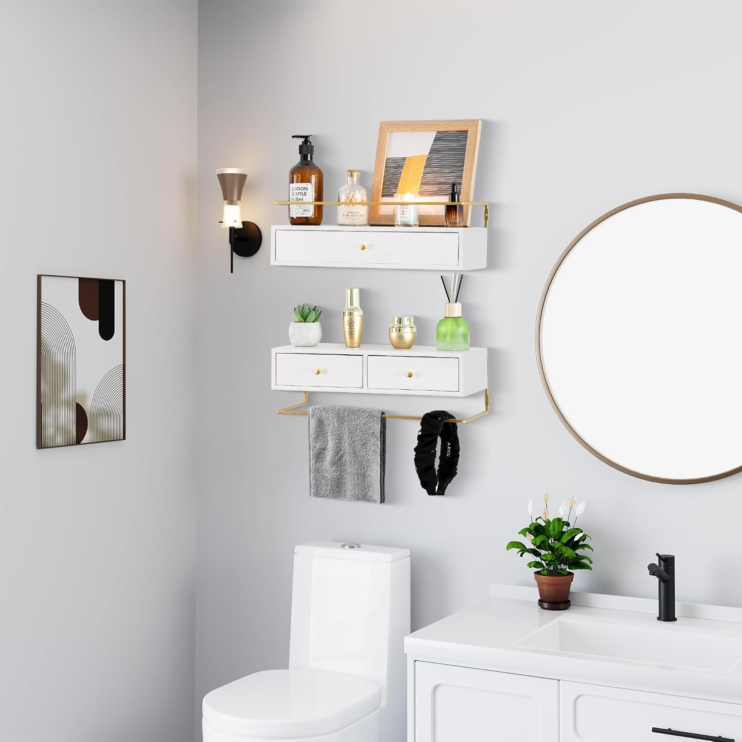 Dreampossible Floating Shelves With Drawers Set of 2 - Wall Mounted Storage for Bathroom, Living Room, Kitchen - Rustic Wood Wall Decor for Plants, Books