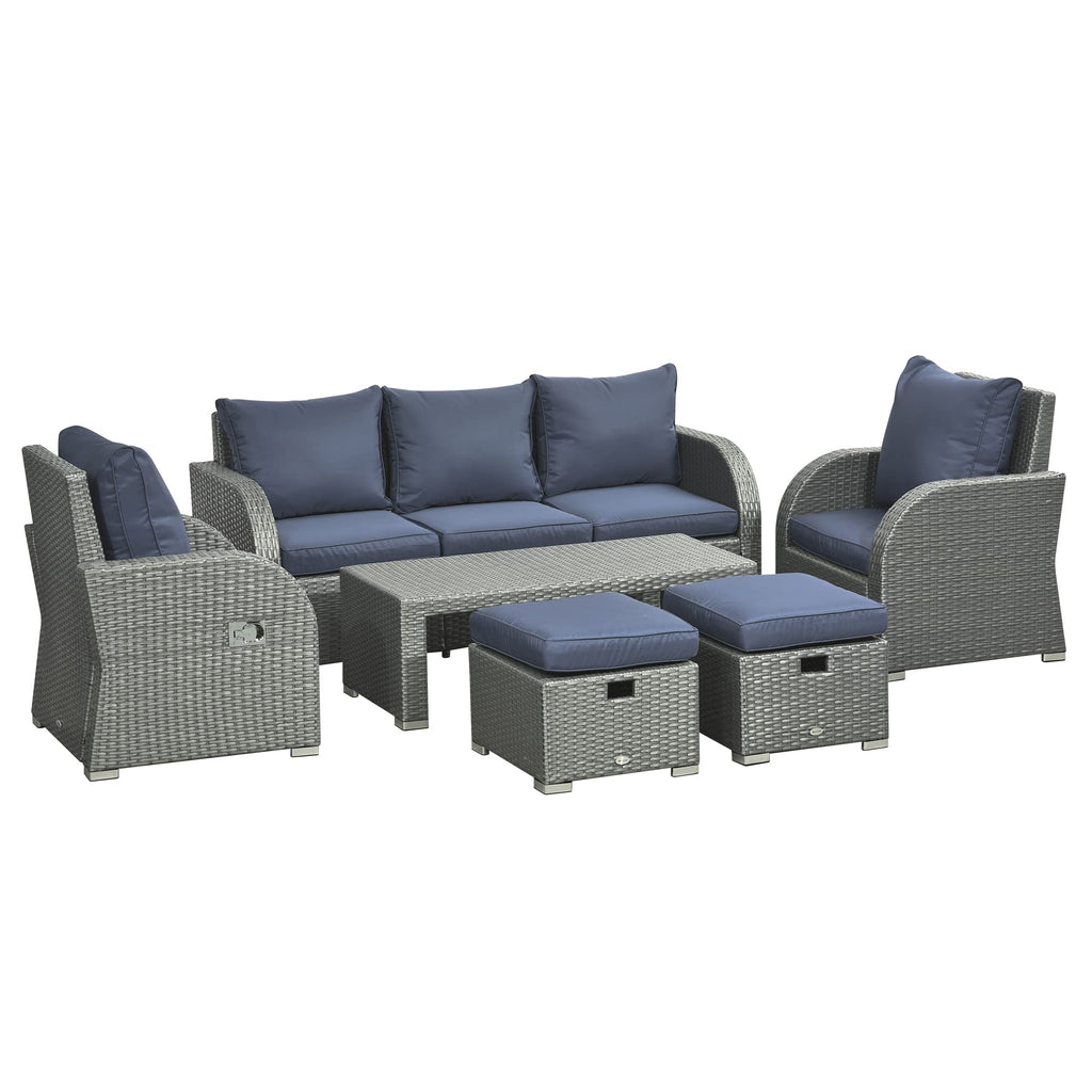 Outsunny 7 Seater Rattan Garden Furniture Set, 2 Reclining Chairs, 3 Seater Sofa, Coffee Table, Footstools, Space-Saving 6 Piece Outdoor Patio Furniture Conversation Set with Cushions, Light Grey