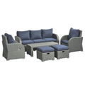 Outsunny 7 Seater Rattan Garden Furniture Set, 2 Reclining Chairs, 3 Seater Sofa, Coffee Table, Footstools, Space-Saving 6 Piece Outdoor Patio Furniture Conversation Set with Cushions, Light Grey